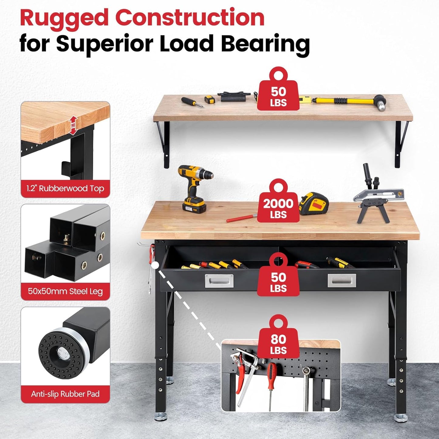 Workbench with Shelf Bracket 48 x 24 Inch Heavy Duty Rubberwood Tabletop Work Table Adjustable Height Work Bench with Drawer, Power Outlets for Garage Woodworking Shop, Home, Office