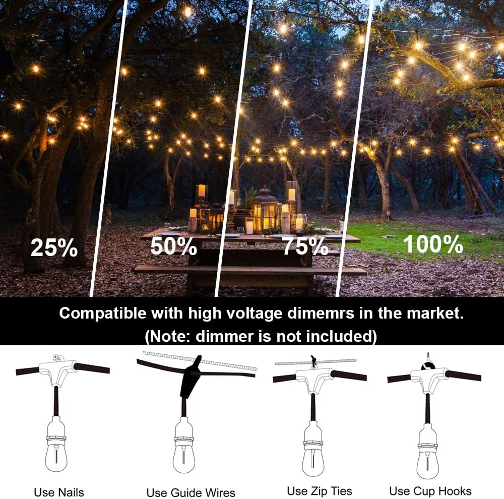 Outdoor String Lights LED 100FT Commercial Grade Heavy Duty Light String Lights with 30 Sockets 32 Shatterproof Plastic Bulbs Include 2 Spare S14 Dimmable Edison Bulbs Patio Market Cafe Light