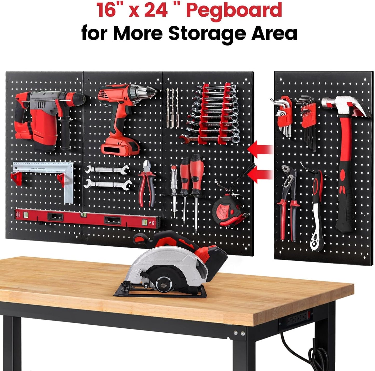 Adjustable Height Work Bench 60x 22 Workbench for Garage Work Table with Under Table Shelf for Shop Woodworking, Heavy Duty Rubber Wood Top for Office, Home, Commercial