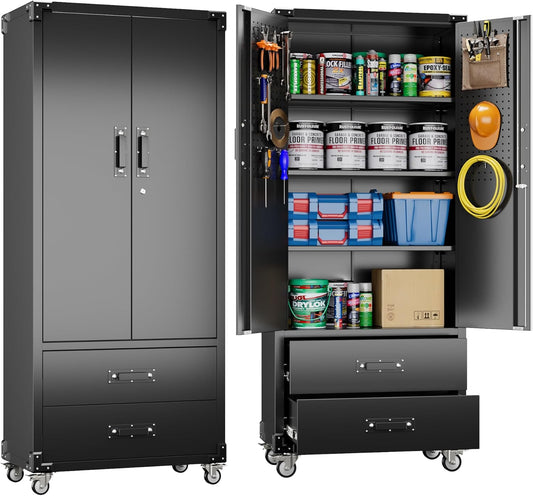 Upgraded Metal Garage Storage Cabinet with Wheels and 2 Drawers, Rolling Tool Cabinet with 3 Shelves and Pegboard Behind The Door for Home Office Garage,Assembly Required,Black