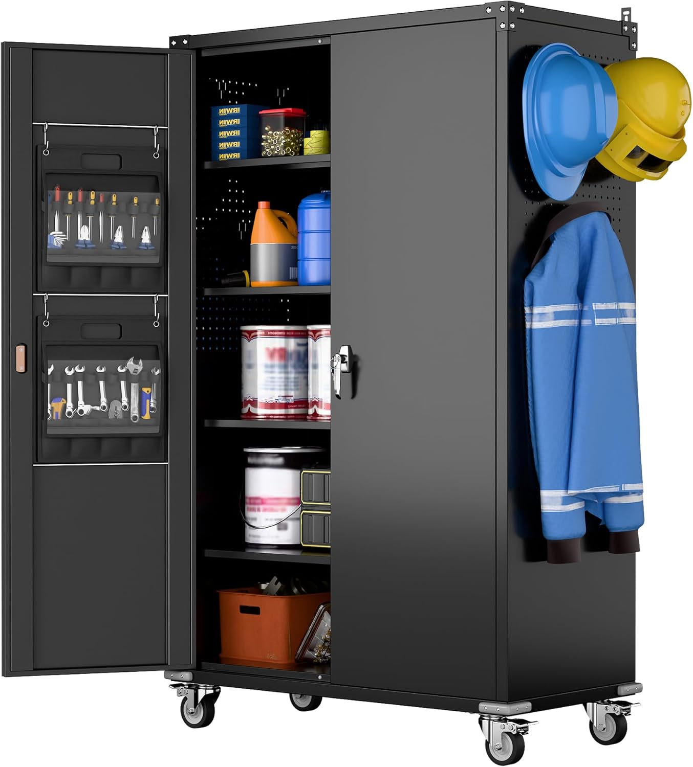 Upgraded Wide & Deep Extra Large Metal Storage Cabinet on Wheels,Lockable Garage Cabinets with 3 Pegboards,2 Tool Pouches for Garage,Office,Assembly Required,Black,43.3''W x 21.6''D x 72''H