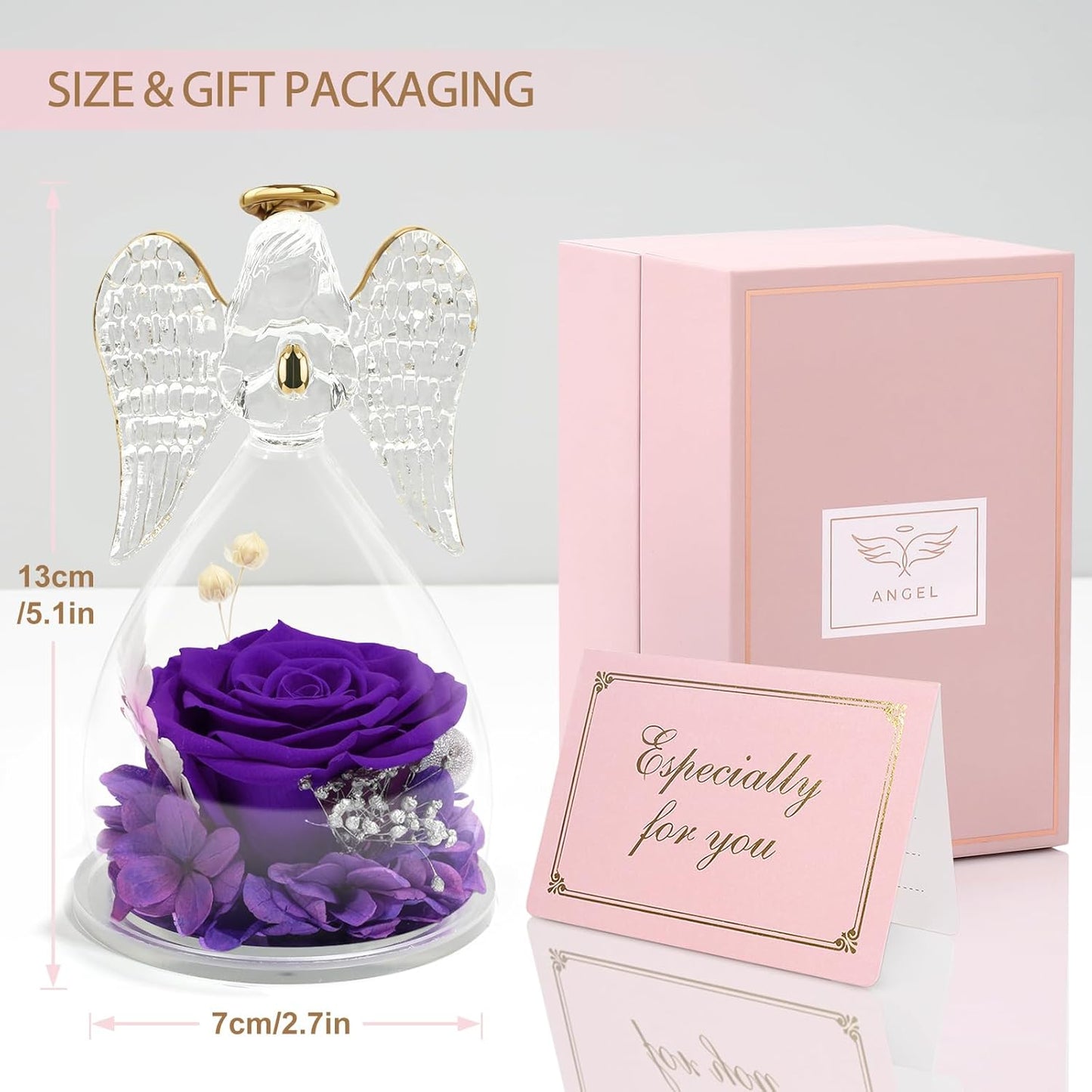 Yamonic Angel Figurines With Real Preserved Rose - Mom Birthday Gift for Grandma, Women - Mother's Day (Purple)