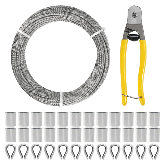 1/8 Inch Stainless Steel Cable Kit 200FT, 7 x 7 Strands Wire Rope with Aluminium Sleeves & Thimbles for Deck Railing, String Light Hanging, Shade Sail, Garden and DIY Projects