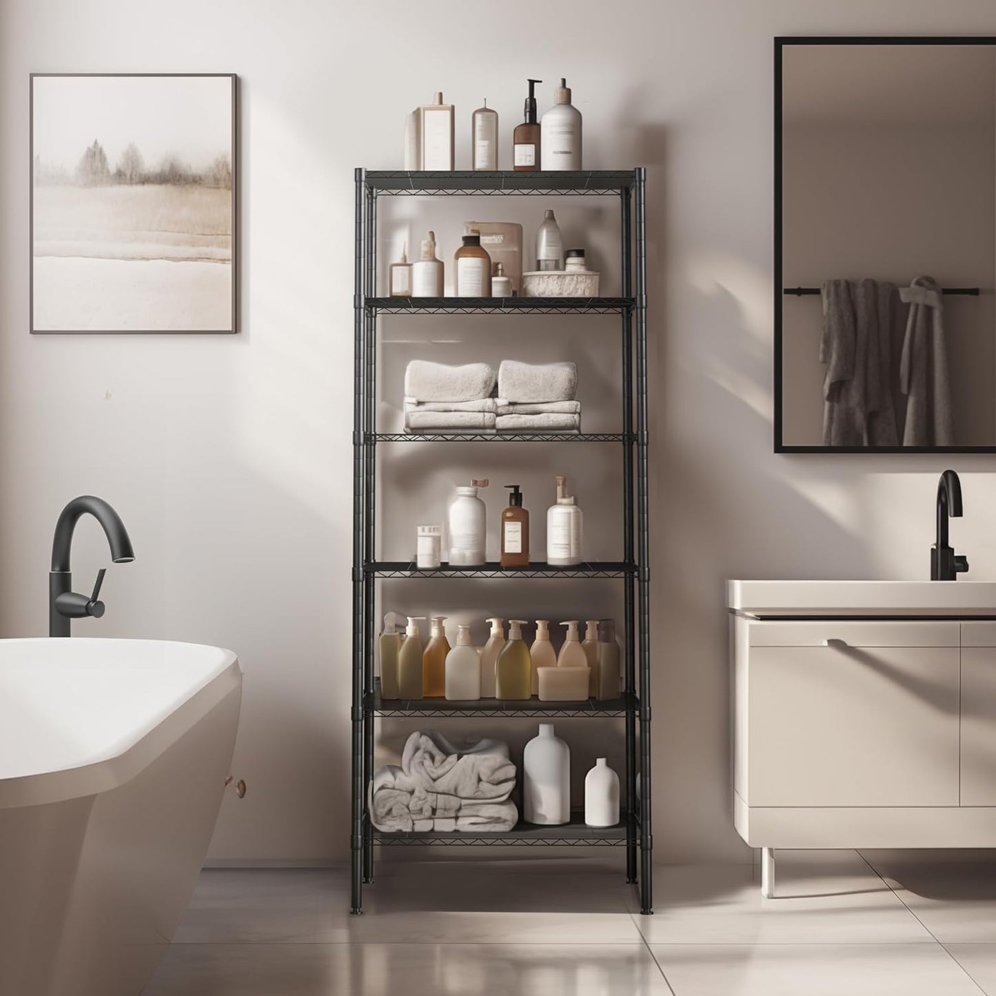 Finnhomy 6-Tier Wire Shelving Unit - Adjustable Steel Wire Rack with 6 Shelves, PE Mat and Stable Leveling Feet, NSF Certified, Black