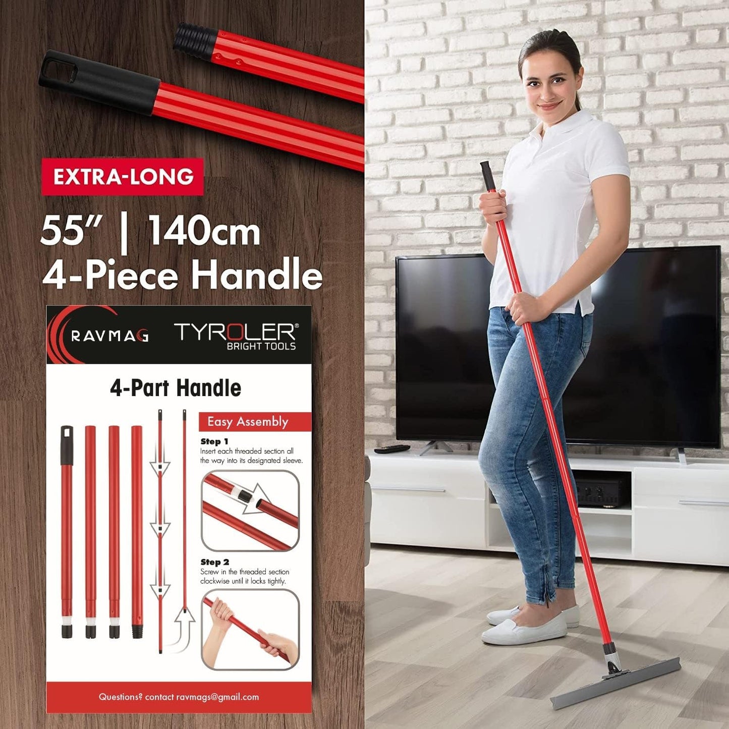 Heavy Duty Floor Squeegee for Concrete and Tile Floor - Silicone Squeegee Broom Floor Scrubber - Large Single Cast Rubber Blade Aluminum Long Handle 360° Swivel Joint - Garage Shower Window Cleaning