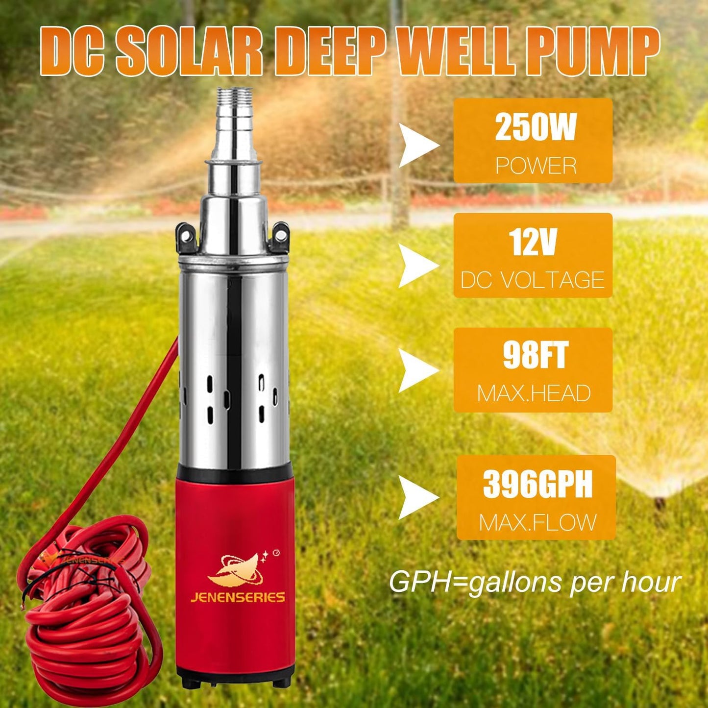 12V Deep Well Submersible Pump solar DC 250W Electric Powered Water Pump kits with 1" Outlet Screw Pump max.98ft Lift,396GPH Flow, for Irrigation Agricultural Garden Home