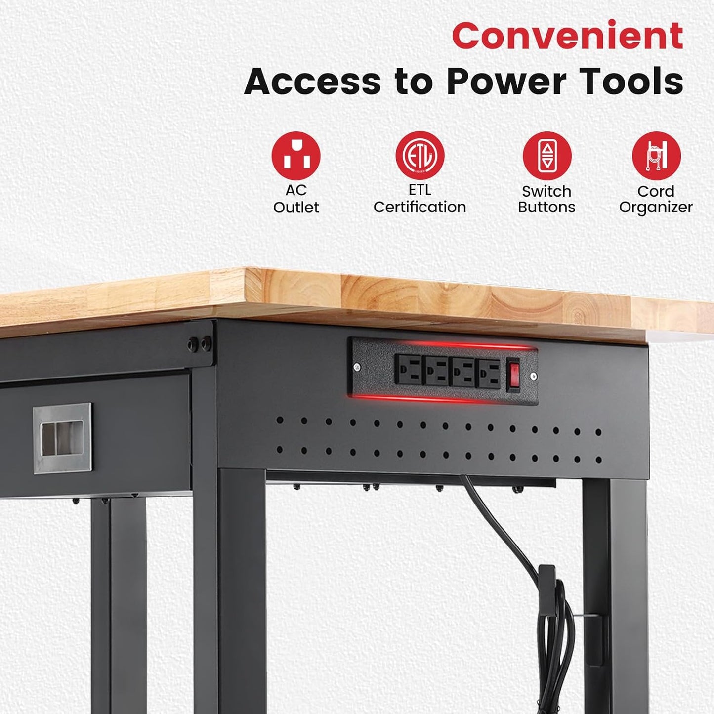 Work Bench for Garage 48 x 24 Inch Adjustable Height Workbenches with Drawers Heavy Duty Rubberwood Tabletop Work Table with Pegboard, Power Outlets for Office Home Commercial