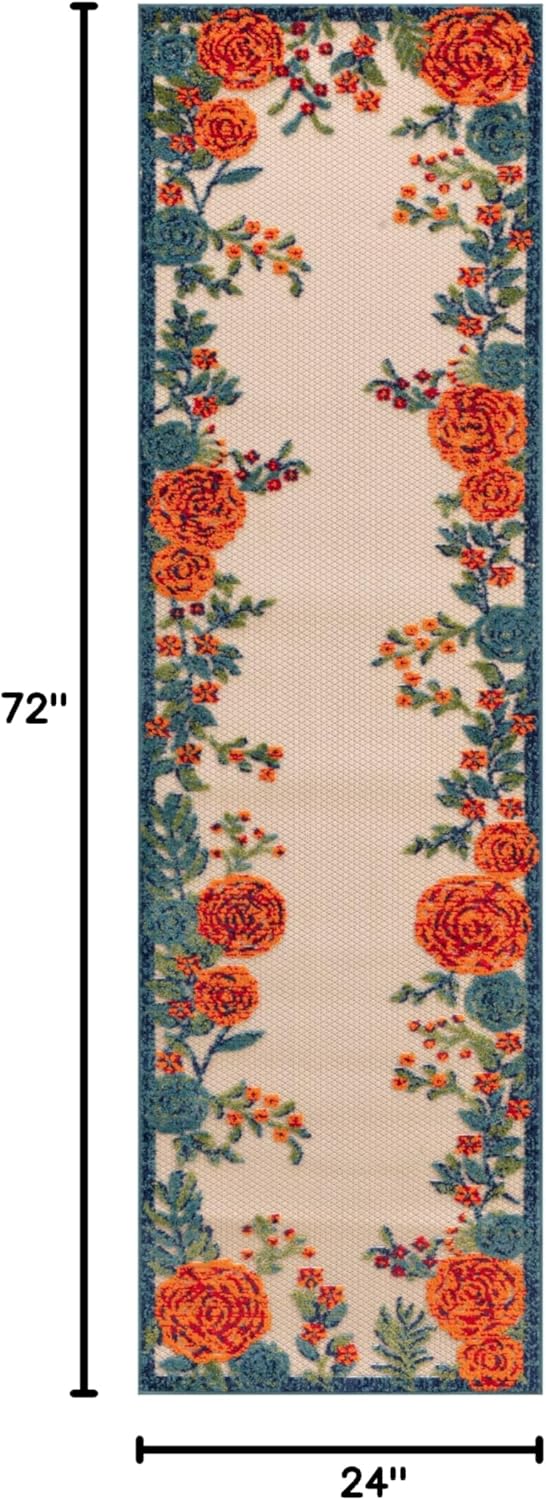 Nourison Home Aloha Indoor/Outdoor Ivory Multicolor 2' x 6' Area -rug, Easy--cleaning, Non Shedding, Bed Room, Living Room, Dining Room, Backyard, Deck, Patio (2x6)