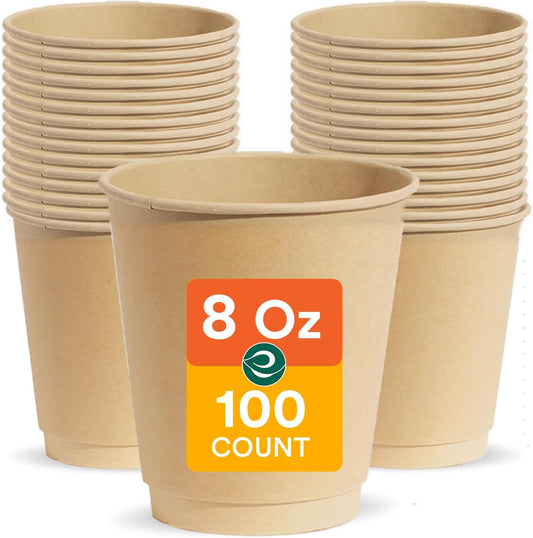 ECO SOUL 100% Compostable Plant-Based 8oz Hot Cups | (100 Count, 8 oz Hot Cups) | Disposable Bagasse Paper Cups | Eco-friendly Cups | Sturdy, Microwave & Oven Safe