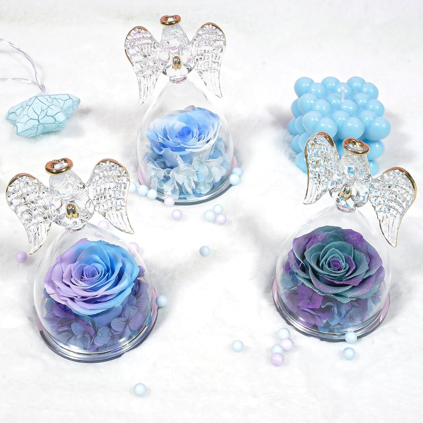Yamonic Gifts for Mom Birthday,Angel Figurines with Real Rose Gifts for Her Mom Grandma,Preserved Flower Rose for Valentines Day Mothers Day Christmas Anniversary Birthday Gifts for Women(Blue-purple)