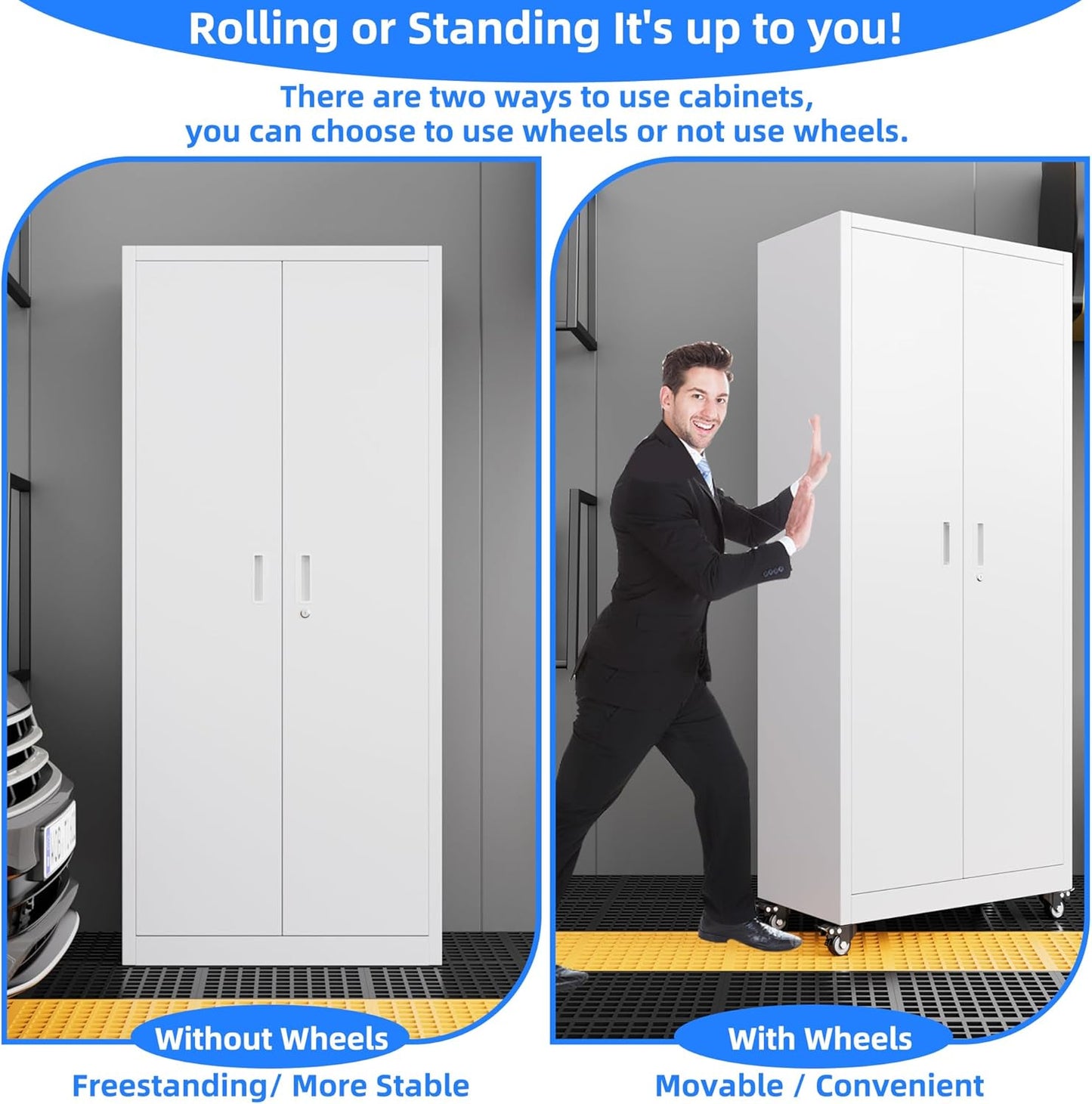 73" H Metal Storage Cabinet with Wheels, Pegboard and 4 Hooks, Garage Storage Cabinet with 4 Adjustable Shelves and 2 Lockable Doors for Garage Home Office, Basement, Assembly Required, White