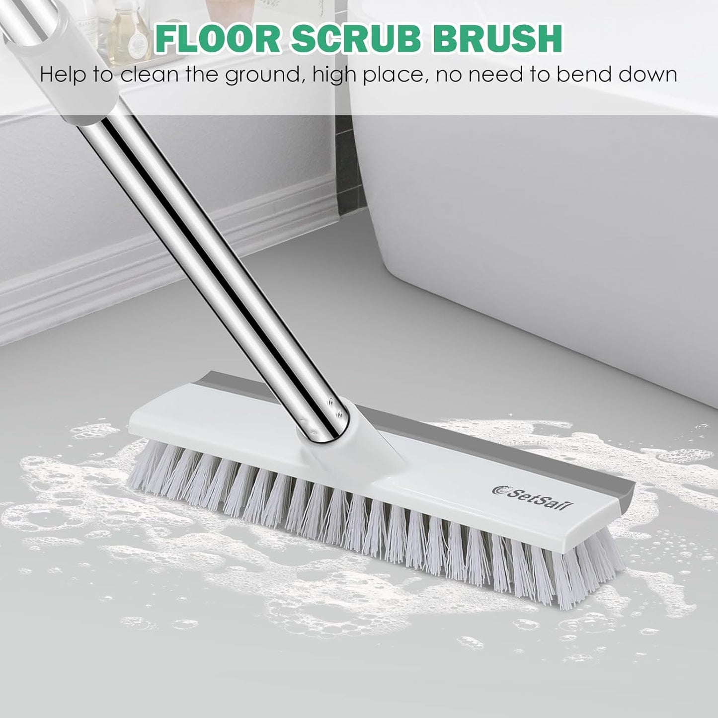 SetSail Floor Scrub Brush with 51-Inch Long Adjustable Handle 2 in 1 Scrape Brush Stiff Bristle Floor Scrubber for Cleaning Shower Bathroom Garage Kitchen Wall Deck Tub Tile,White
