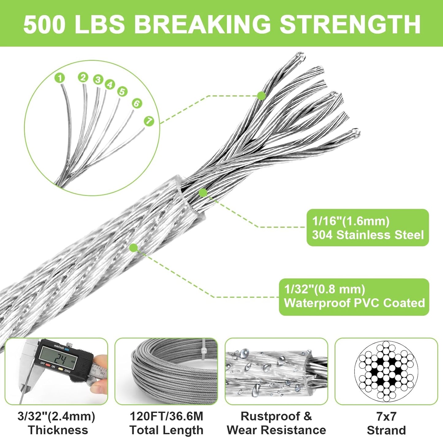 120Ft 1/16" Stainless Steel Wire Rope Kit, Vinyl Coated Cable, Turnbuckles for Tension Clothesline Outdoors, Hooks for String Light Hanging, Shade Sail Hardware