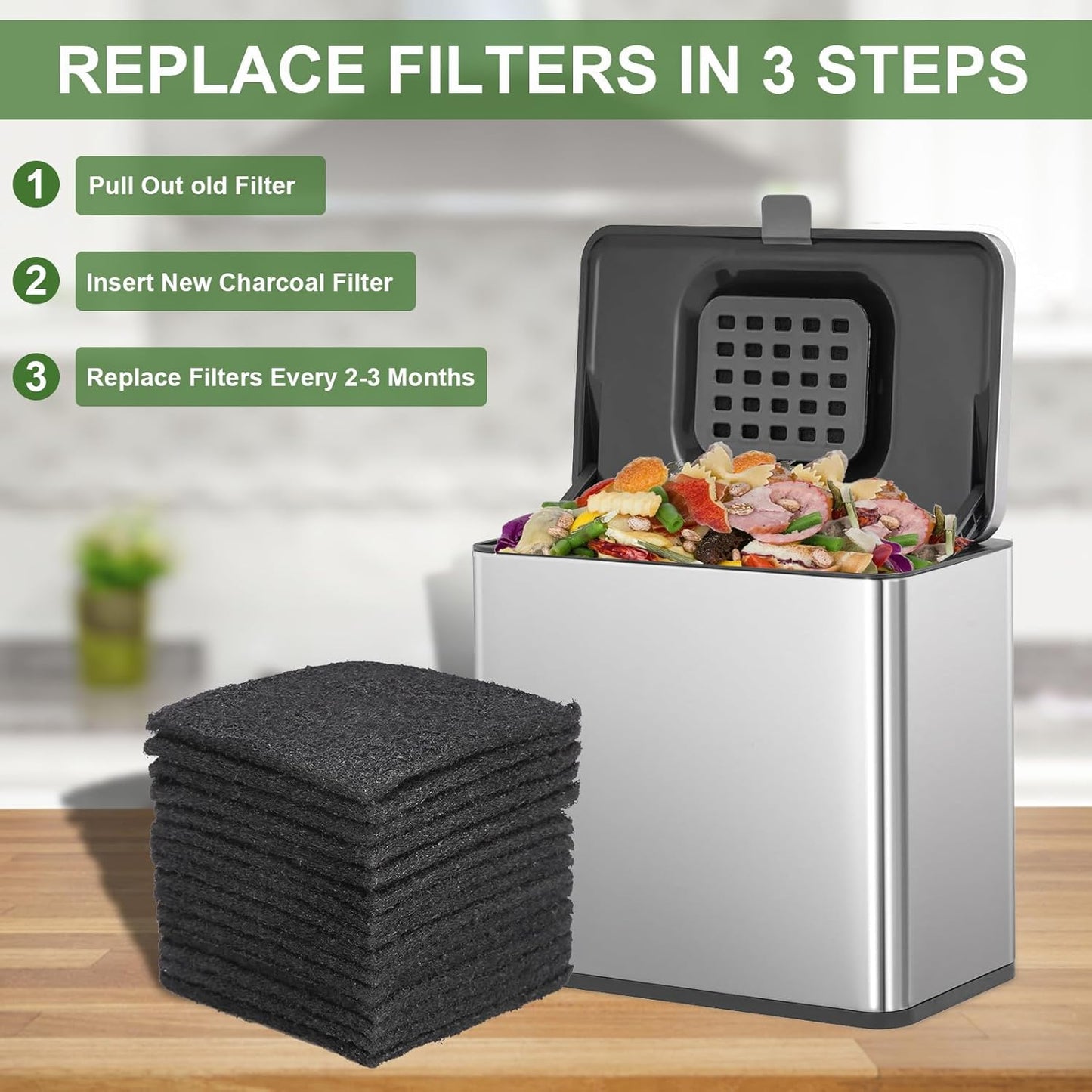 15 Pack Trash Can Odor Filter Refills for Trash Can and Compost Bin, Activated Charcoal Deodorizer Sheets for Indoor Kitchen Compost Bucket Countertop and Recycle Bin, Square 3.9 Inch