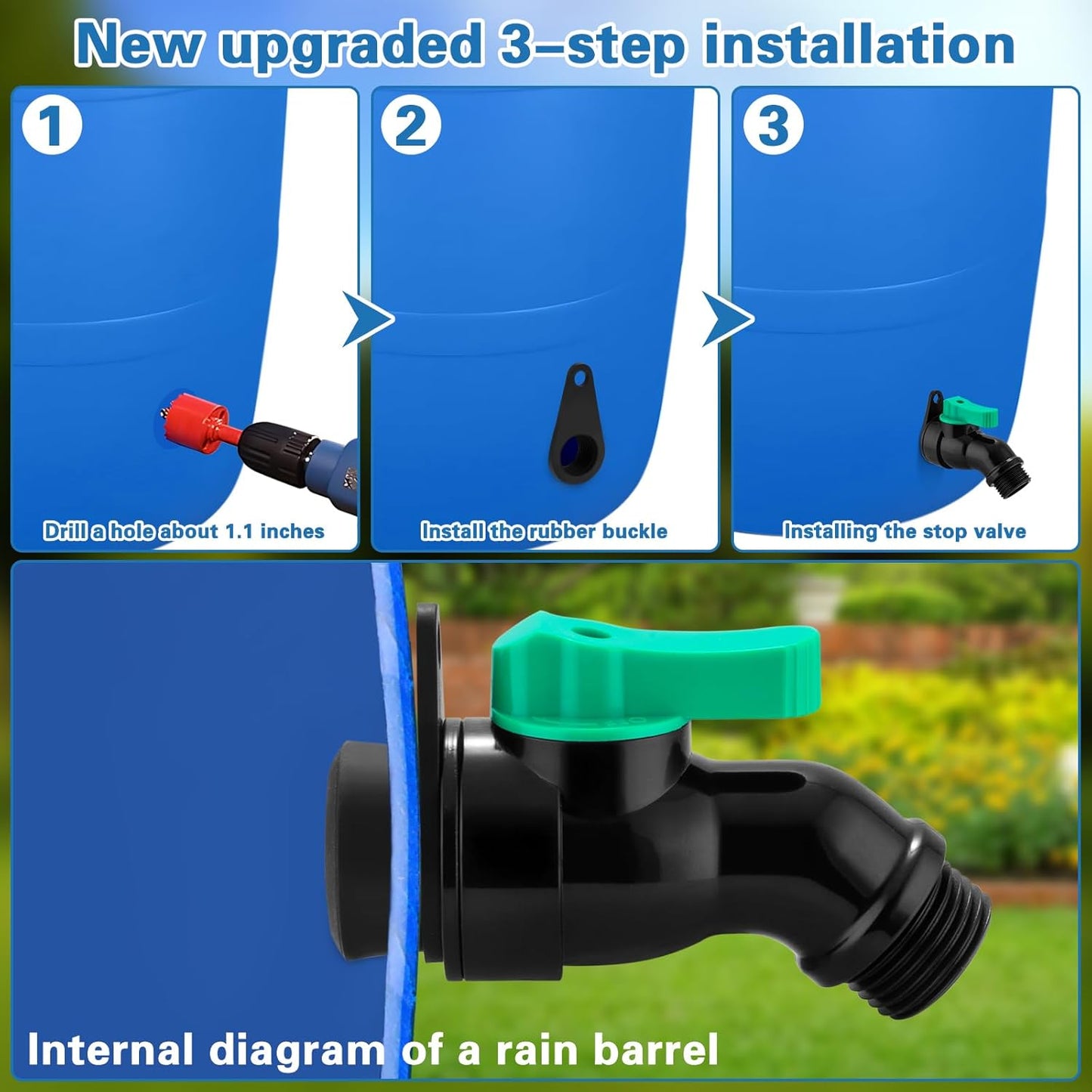 Rain Barrel Spigot Kit with High Flow Valve No Inside Access Needed,External Installation 1/2" NPT to 3/4" GHT Faucet for Plastic WaterTanks,Buckets,Rainwater Drums & Downspout Collectors