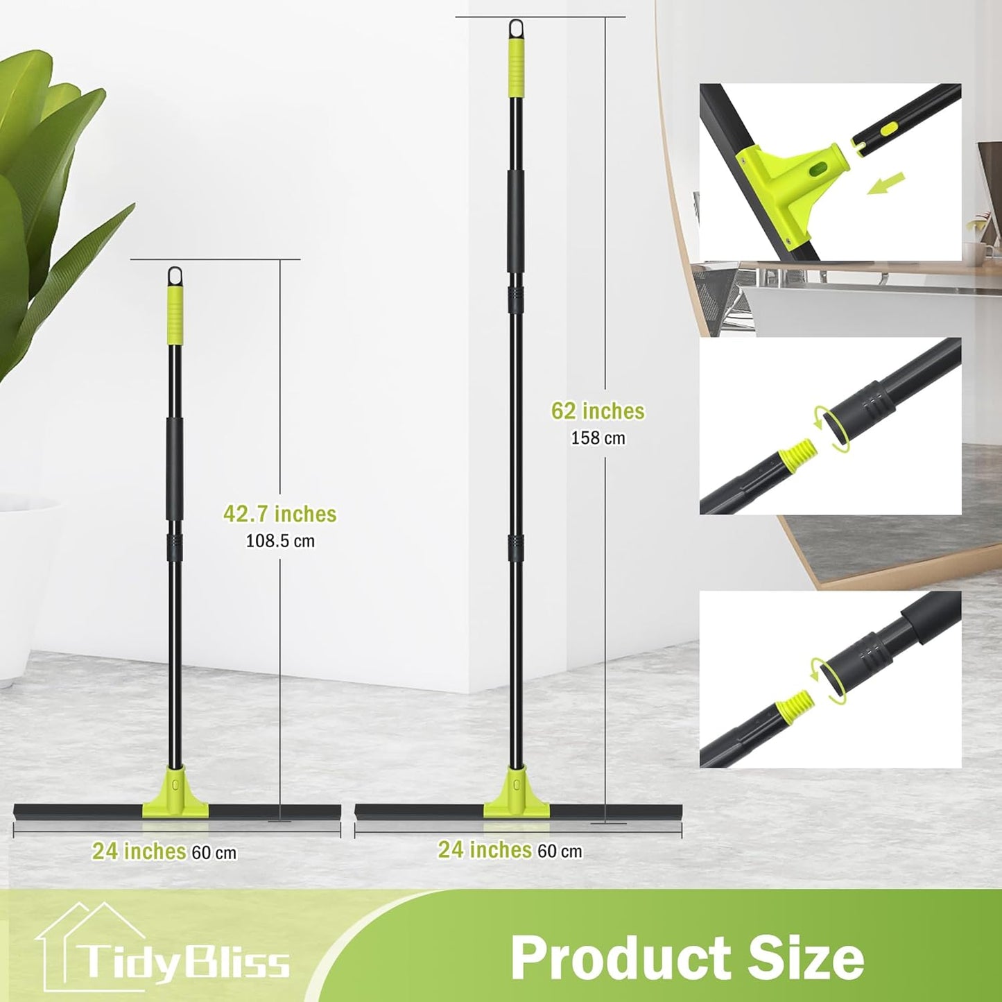 Floor Squeegee Heavy Duty, 24” Rubber Foam Water Scraper Broom, Epoxy Wiper Mop with 62 inches Long Handle for Cleaning Concrete Pool Rug Garage Deck Shower Window Outdoor Indoor (Green)