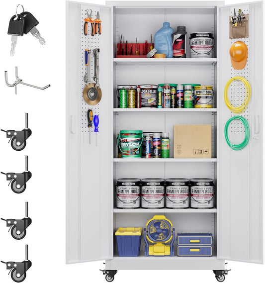 73" H Metal Storage Cabinet with Wheels, Pegboard and 4 Hooks, Garage Storage Cabinet with 4 Adjustable Shelves and 2 Lockable Doors for Garage Home Office, Basement, Assembly Required, White