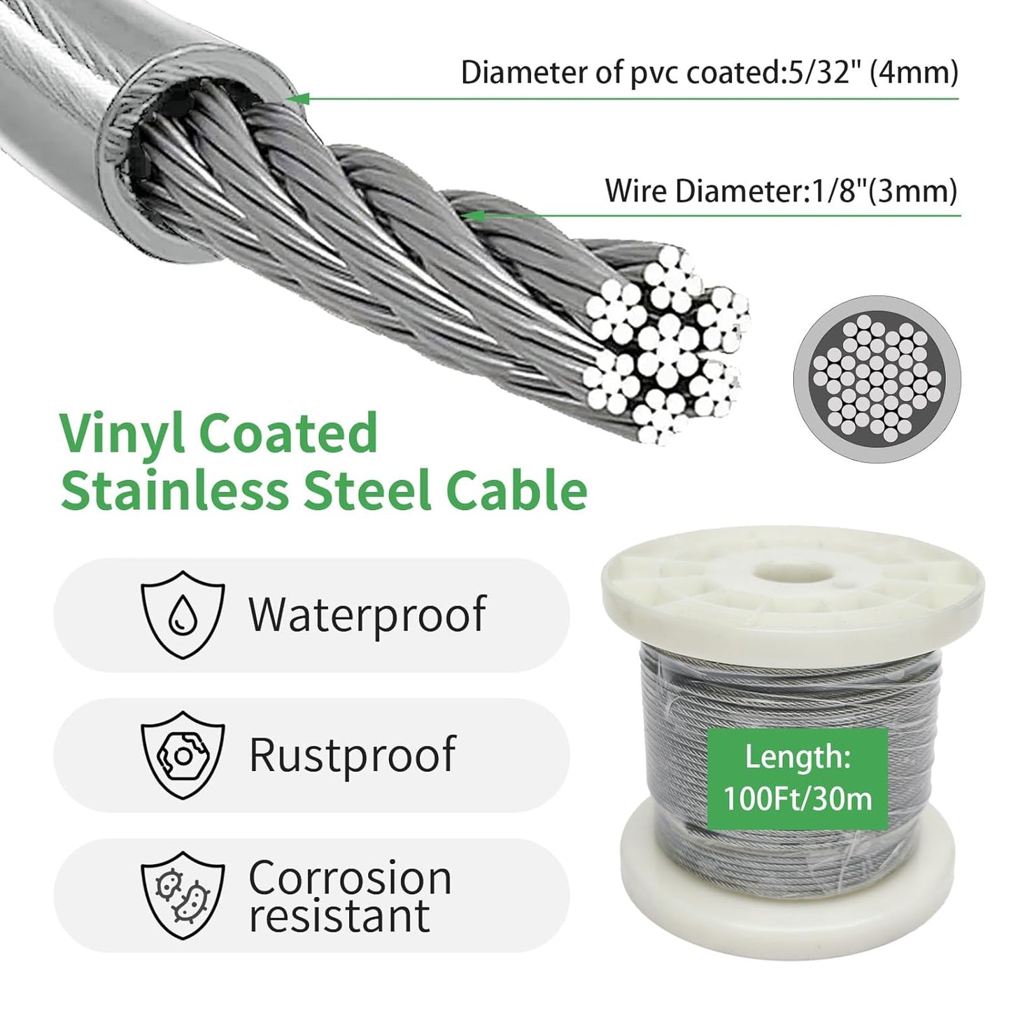 5/32" Wire Cable Rope Kit ，Vinyl Coated 304 Stainless Steel Wire – 100FT 7x7 Strand Cable with Turnbuckles，String Lights Hanging Kit for Outdoor, Garden,Patio, Crafts, Hanging Lights
