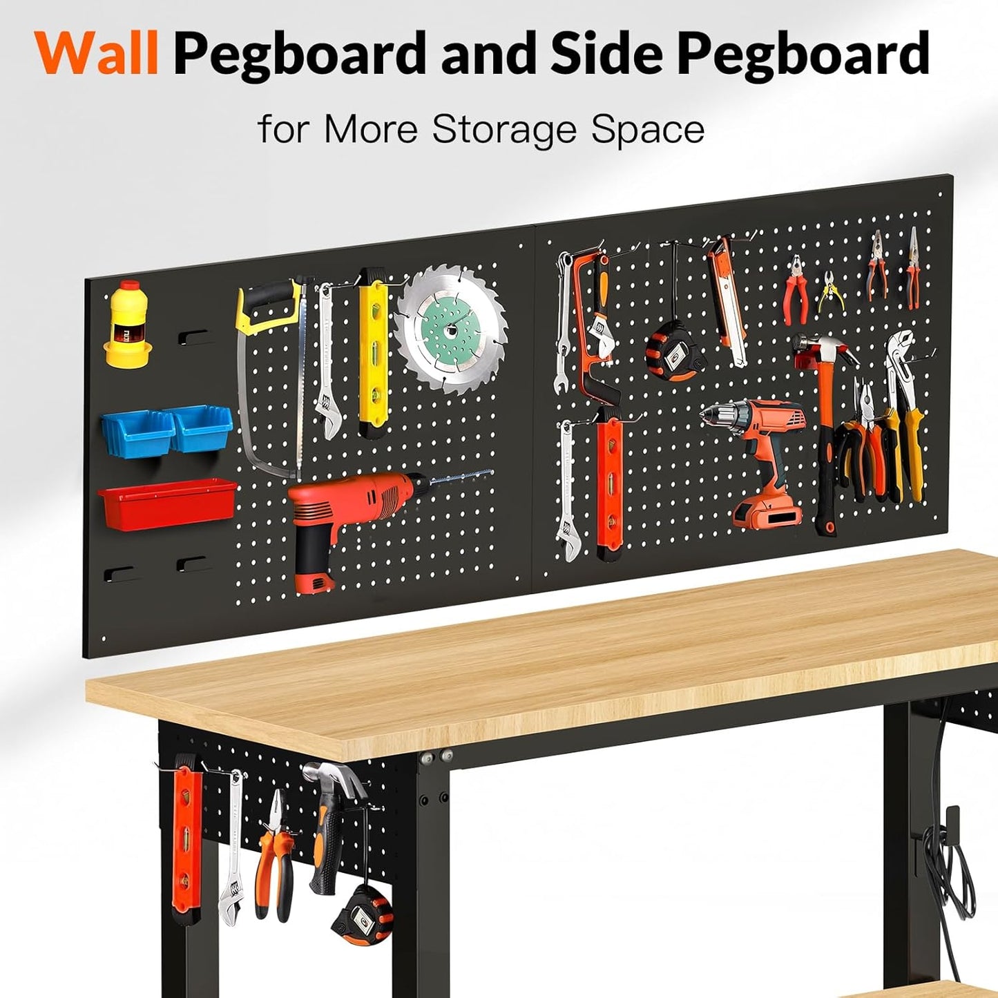 48“ Adjustable Height Workbench Work Bench for Garage Work Table with Under Table Shelf Heavy Duty Rubber Wood Top for Shop Woodworking, Office, Home, Commercial