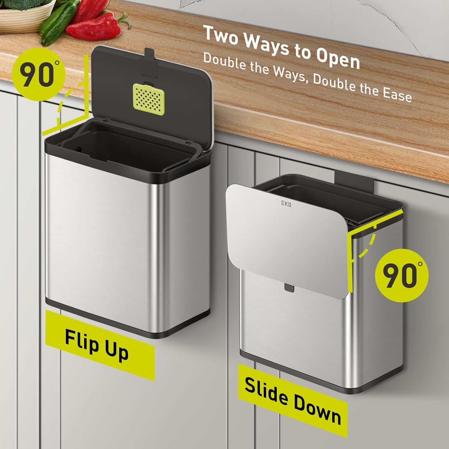 EKO Kitchen Compost Bin, 7L / 1.85 Gal Stainless Steel with Removable Inner Bucket and Deodorizer Compartment, 2-in-1 Countertop Compost Bin with Lid, Food Waste Caddy for Kitchen (MMT & Black Finish)