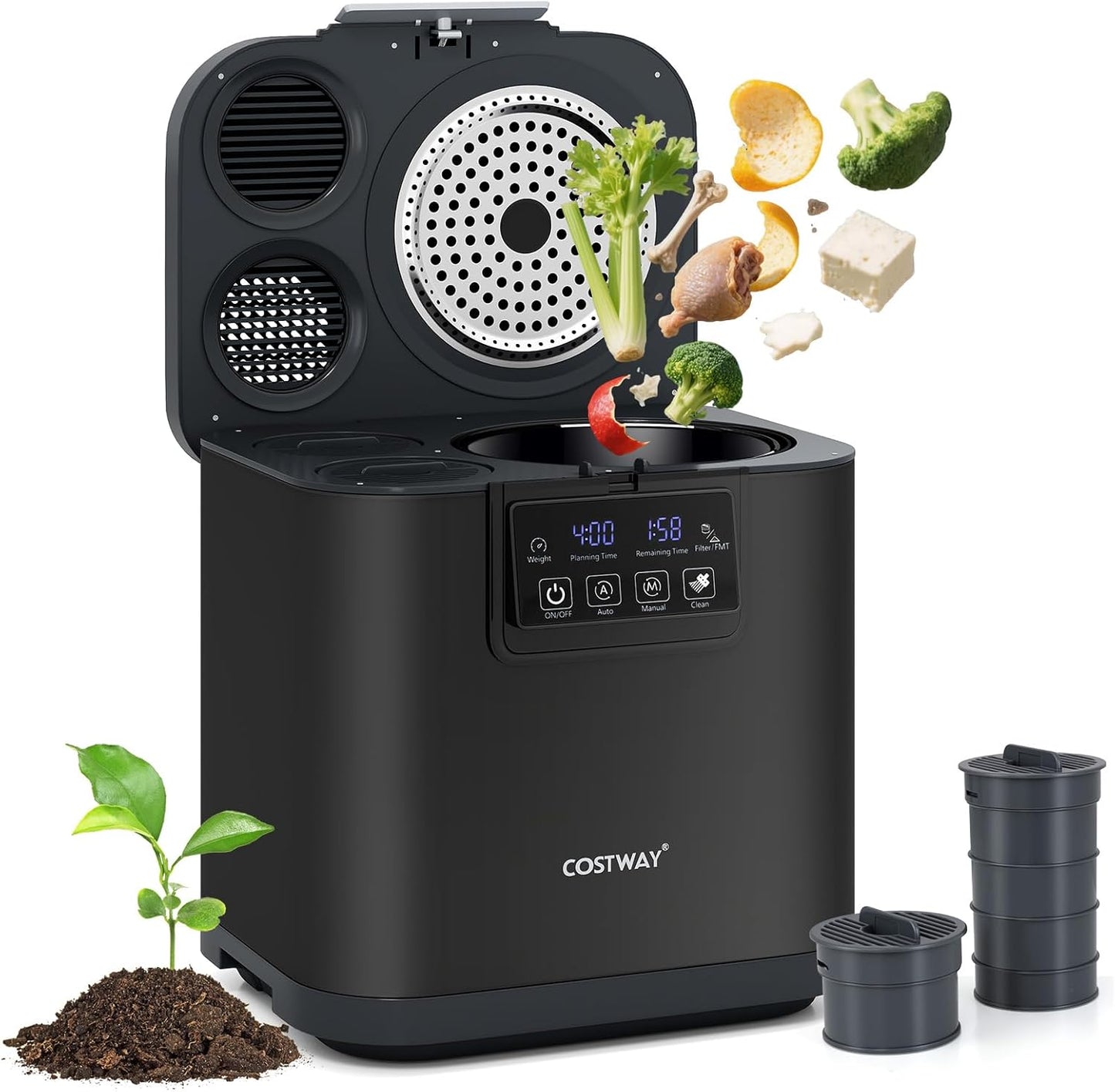 COSTWAY 4L Electric Composter for Kitchen, Smart Waste Dispenser Countertop Compost Machine w/Replaceable Filters, Auto-Cleaning, LED Display, Indoor Compost Bin, Turn Food Waste to Dry Fertilizer