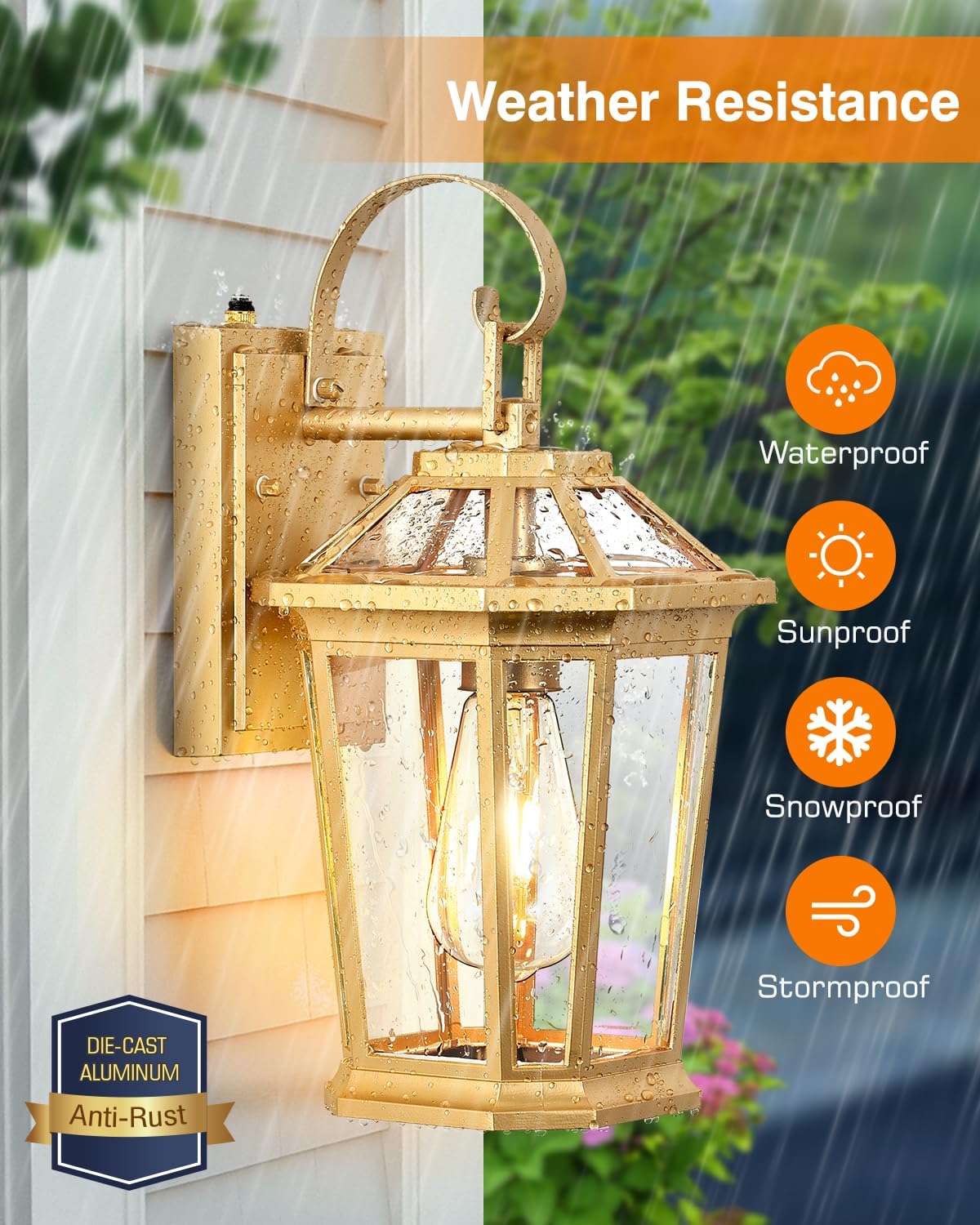 VIANIS Dusk to Dawn Outdoor Wall Lanterns, Modern Golden Exterior Lighting Fixtures Wall Mount Sconces, 100% Aluminum Waterproof Gold Porch Lights, Outside Coach Lantern for House Patio Garage, 2-Pack