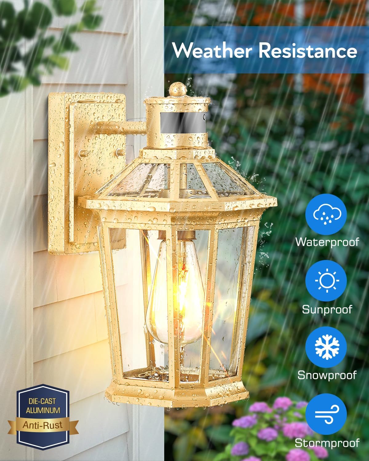 VIANIS Gold Outdoor Wall Lights with Motion Sensor, Dusk to Dawn Outside Porch Lights Lantern, Waterproof Weather Resistant Exterior Lights for House, Doorway, Garden, Home with Clear Glass Shade