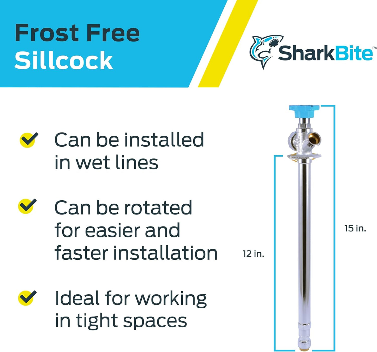 SharkBite 12 Inch Frost Free Sillcock, 1/2 x 3/4 Inch MHT, Push to Connect Brass Plumbing Fitting, PEX Pipe, Copper, CPVC, PE-RT, HDPE, 24636LF
