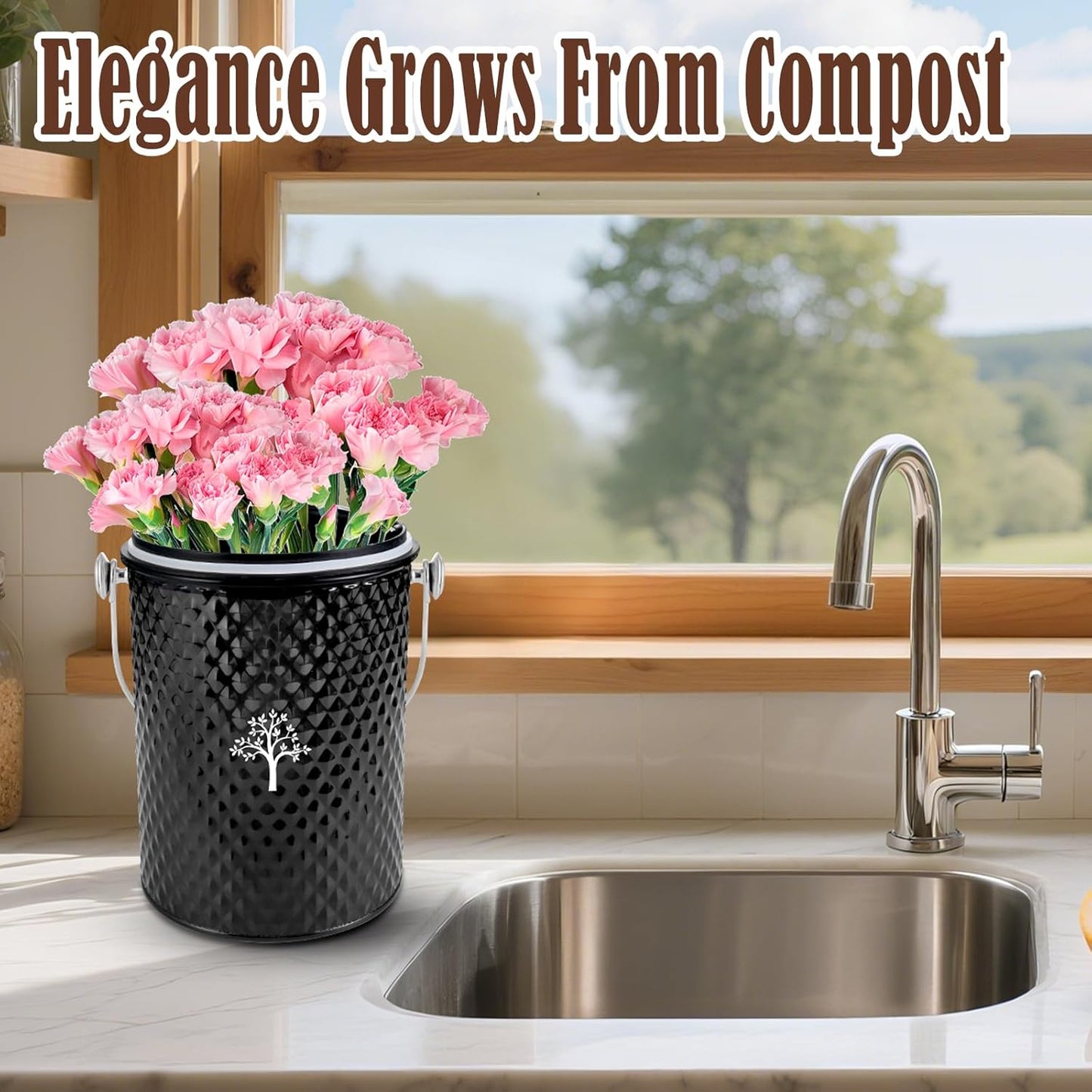 AOSION Countertop Compost Bin Kitchen，Odorless Indoor Compost Bin with Lid and Compost Bags,Compost Bucket Composter Container for Food Waste,Black