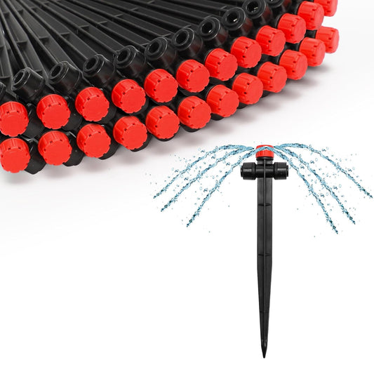 MIXC 20pcs Two-Way Quick-Connect Drip Irrigation Emitters for 1/4" Drip Irrigation Tubing - Adjustable Push-to-Connect 360° Drip Emitters Stream on 7" Sturdy Stake for Irrigation System