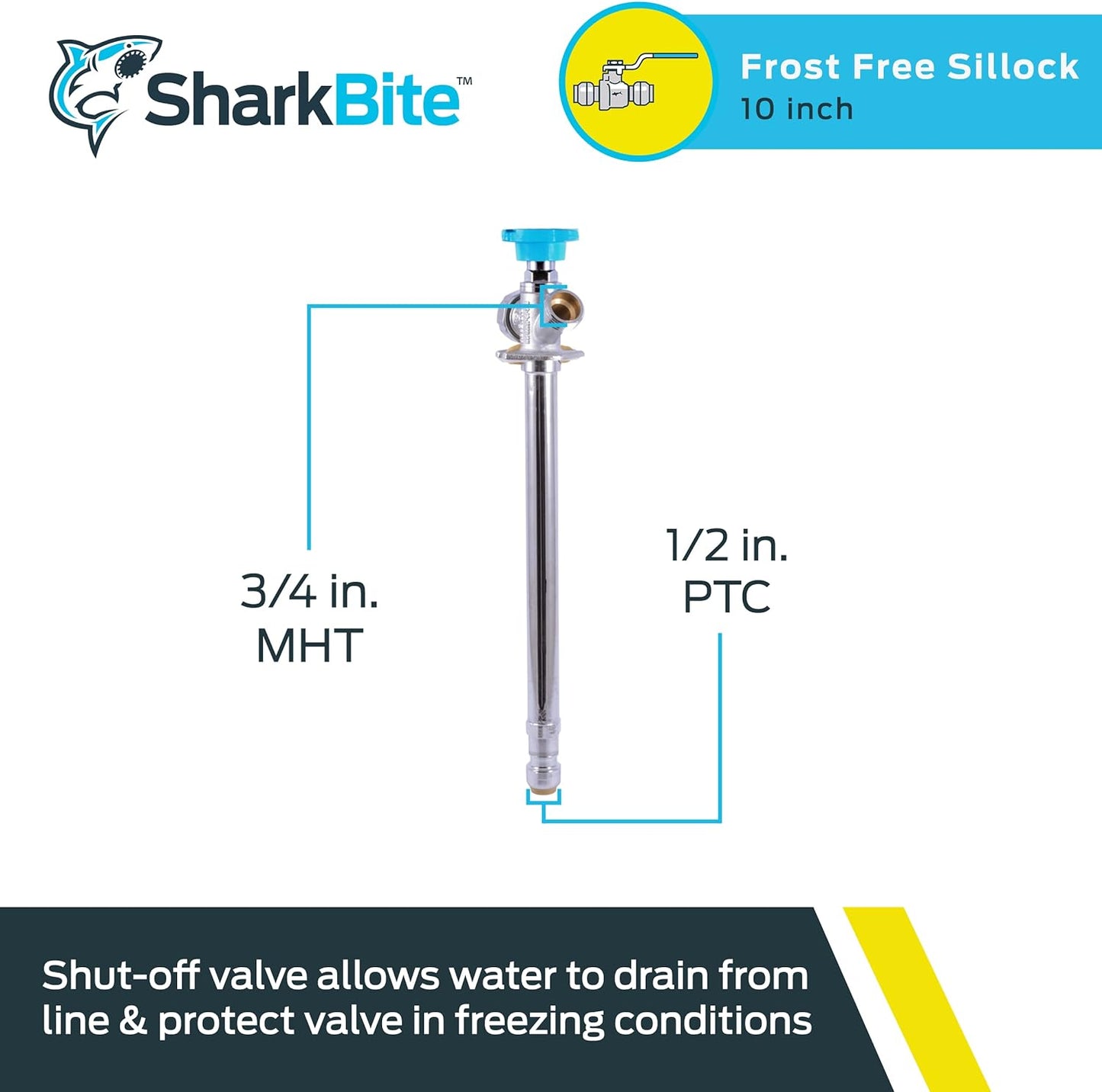 SharkBite 10 Inch Frost Free Sillcock, 1/2 x 3/4 Inch MHT, Push to Connect Brass Plumbing Fitting, PEX Pipe, Copper, CPVC, PE-RT, HDPE, 24629LF