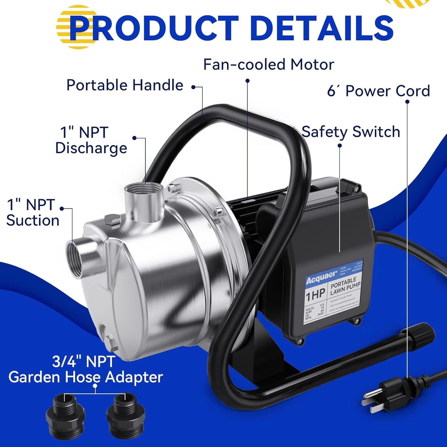 Acquaer 1 HP Portable Shallow Well Garden Pump, Stainless Steel, 998 GPH, 115V Sprinkler Water Transfer Draining Irrigation Pump for Water Removal/Lawn Garden