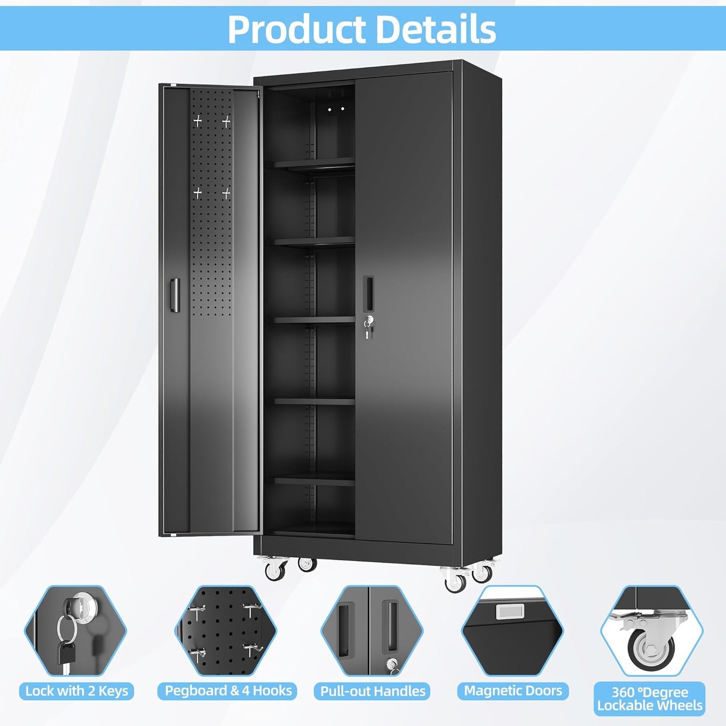 Metal Garage Storage Cabinet with Wheels & Pegboard, Lockable Metal Storage Cabinets with 2 Doors&5 Adjustable Shelves for Garage&Home,Assembly Required,Black 71''H x32''W x16''D