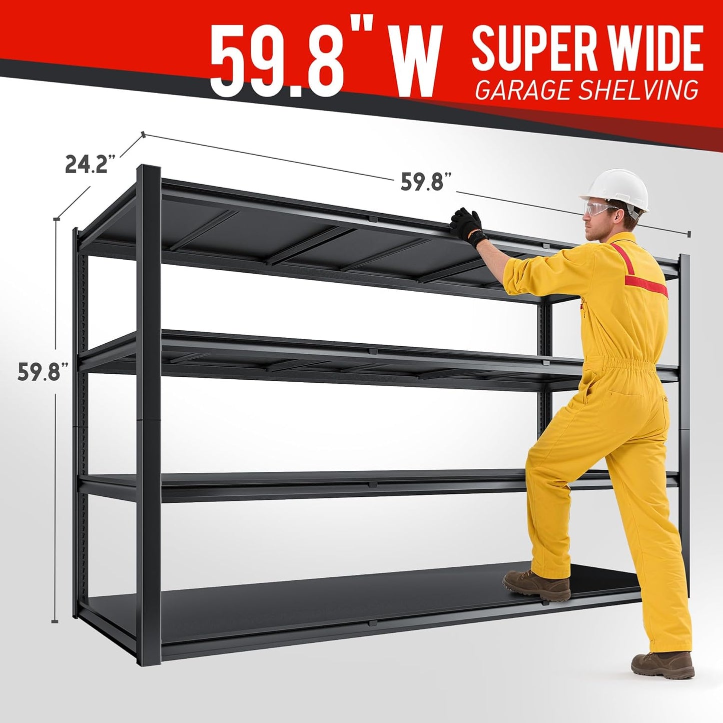 59.8" W x 59.8" H x 24.2" D Metal Storage Shelves, 2120LBS Garage Shelving Unit with Adjustable Shelf, 4 Tier Storage Rack for Garage, Pantry, Warehouse, Basement, Black, 2 Pack
