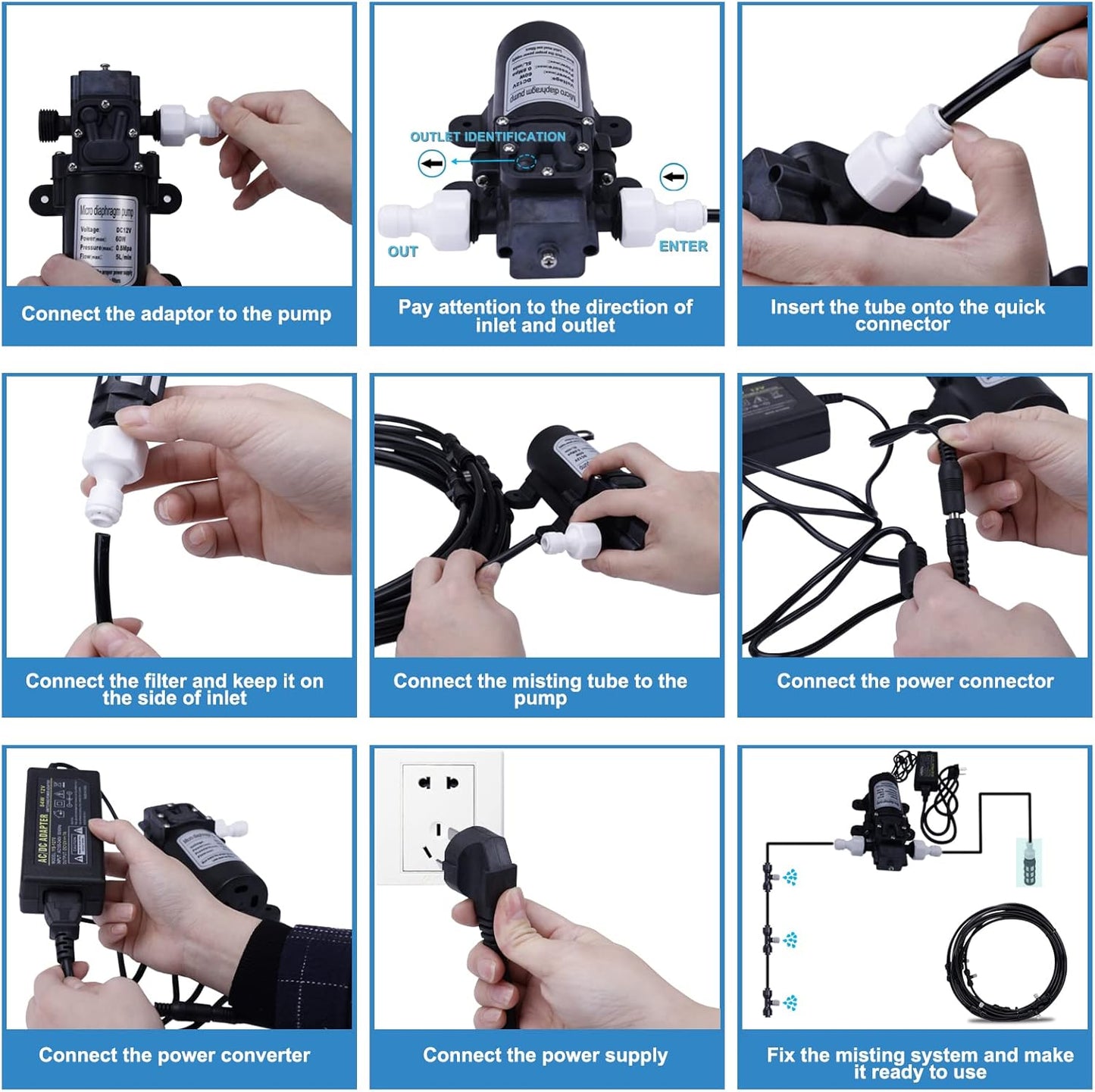 Fogland Pump Misting System: Outdoor Misting System 49ft Misting Cooling System with 16pcs 0.016" Orifice Thread Stainless Steel Misting Nozzle for Patio Garden Backyard