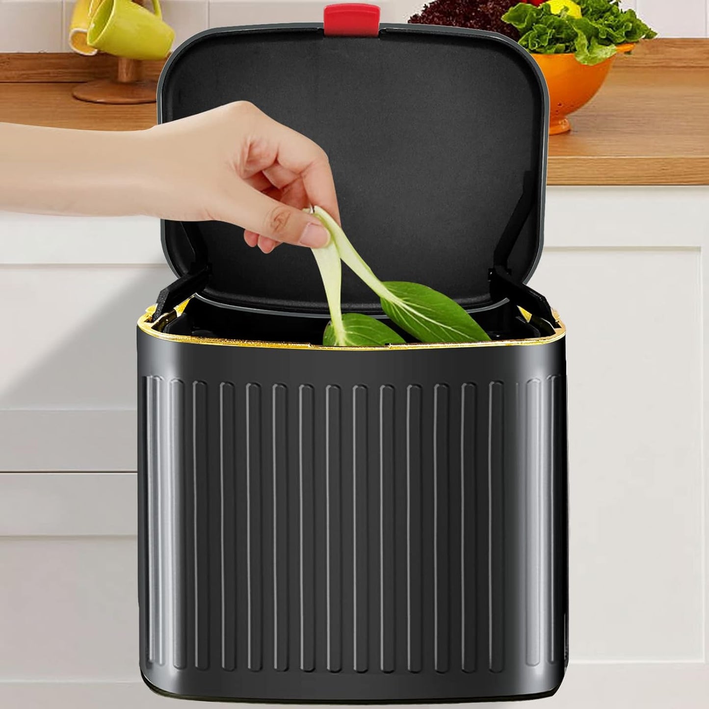 GloDeals Kitchen Trash Can for Counter Top or Under Sink, 1.05 Gallon Stainless Steel Small Compost Bin, Wall Mount Compost bin with Lid for Kitchen, Cabinet Trash Can Hanging (Black)