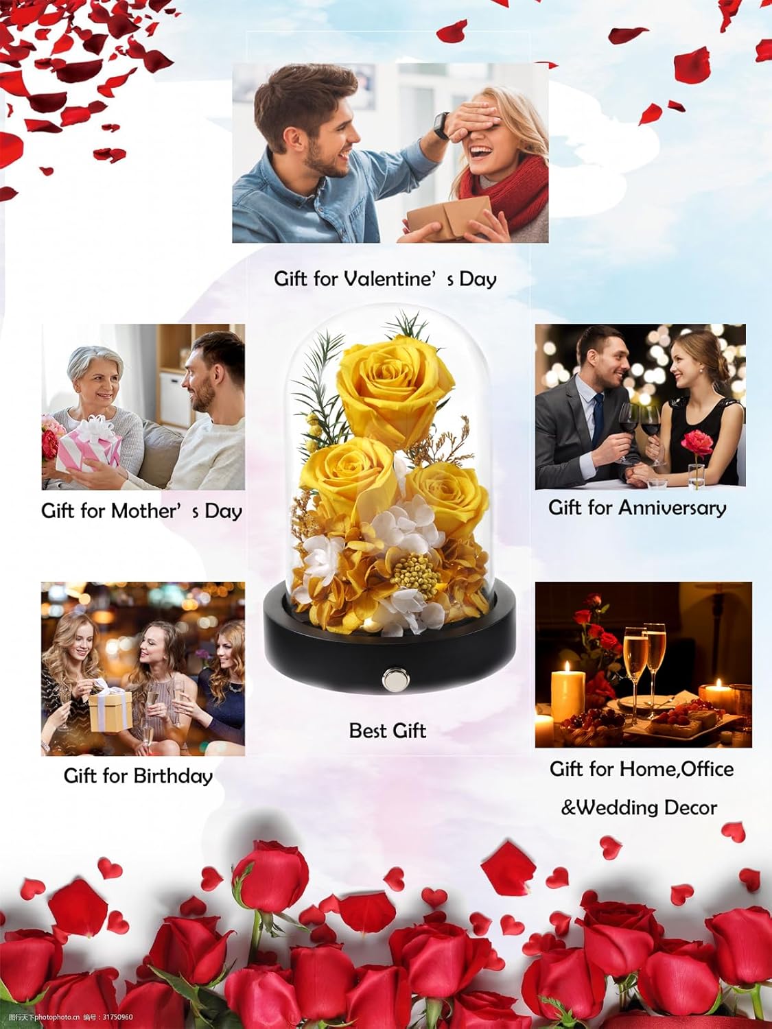 Flowers for Delivery, 3 Yellow Forever Roses in Glass Dome with LED, Preserved Real Rose, Valentines Day Anniversary Birthday Mothers Day Flower Gifts for Mom Her Women Wife Mother