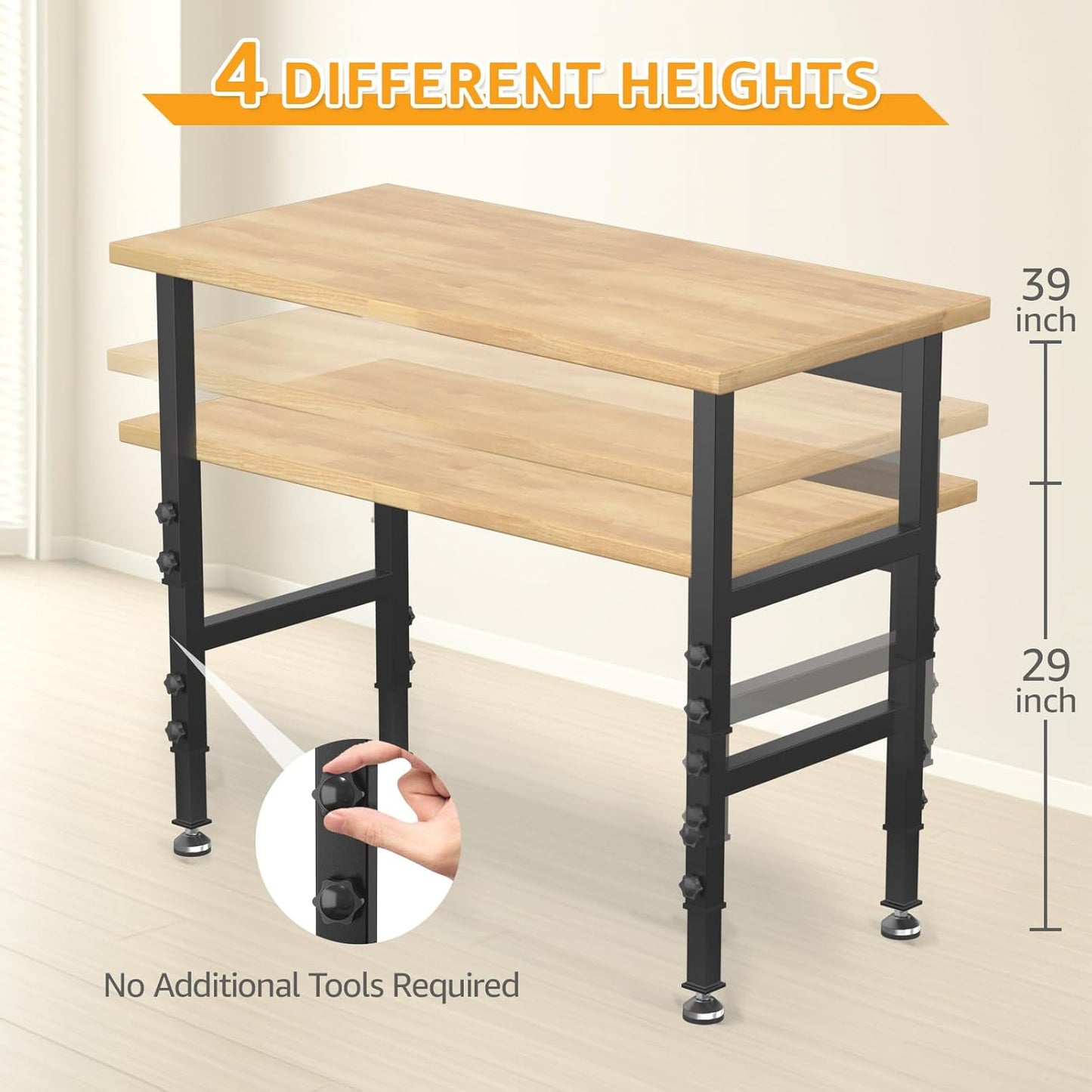 48" Adjustable Workbench,Heavy-Duty Work Table,3000 LBS Load Capacity Hardwood Workstation with Fixed feet,for Workshop, Garage