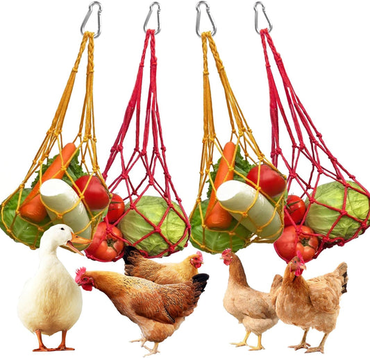 Chicken Vegetable String Bag ，Chicken Vegetable Hanging Feeder, Chicken Toy Vegetable Rack in Chicken Cage, Poultry Fruit Rack, Chicken Cabbage Feeder with Hook 4 Sets