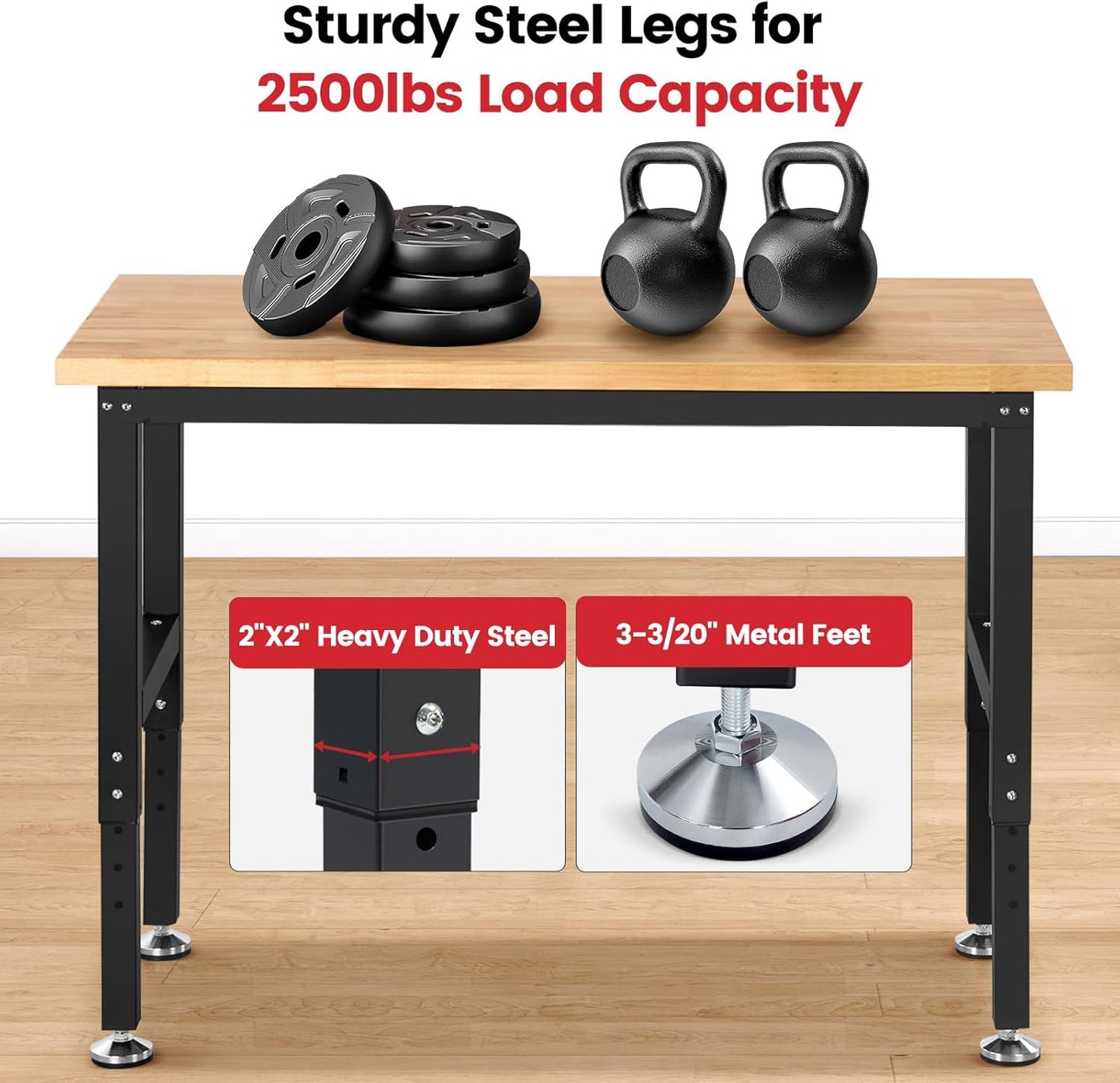 Work Bench for Garage Workbench with Pegboard Adjustable Height Work Table for Shop Woodworking, 48 x 20 Heavy Duty Rubber Wood Top for Office, Home, Commercial