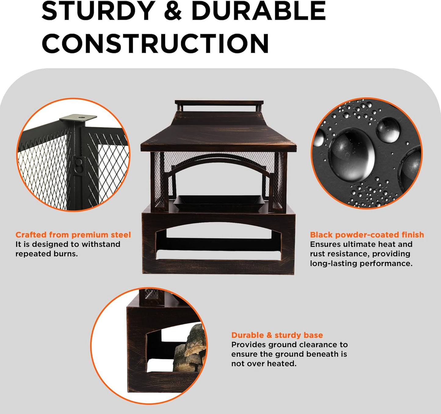 Bestier 37" Fire Pits, Wood Burning Fireplace for Outside Rectangular Chiminea Outdoor Firepits with Poker, Wood Storage, Rain Cover and Removable Fire Grill for Patio, Garden, Backyard, Camping