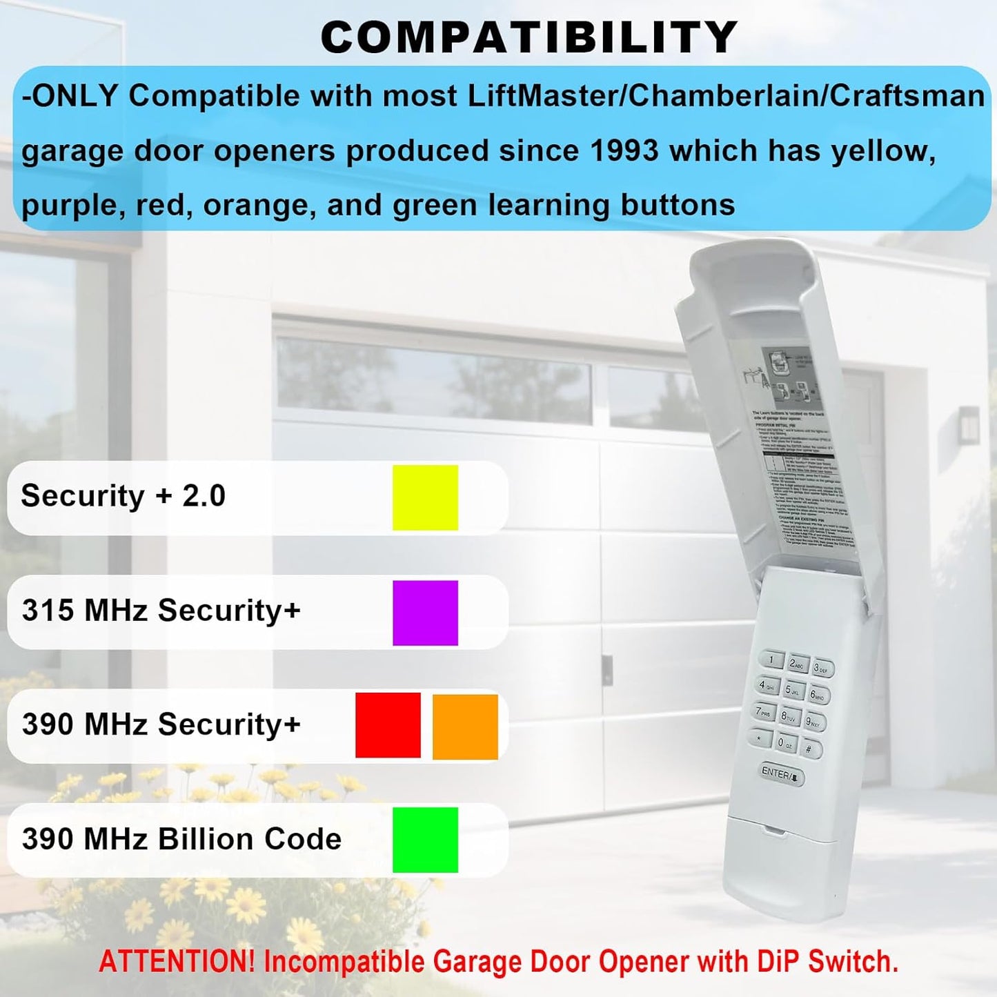 Garage Door Opener Keypad Compatible with Liftmaster Chamberlain Craftsman Garage Door Opener with Produced Since 1993 Purple,Red,Orange,Green,Yellow Learn Button 315/390 MHZ - White