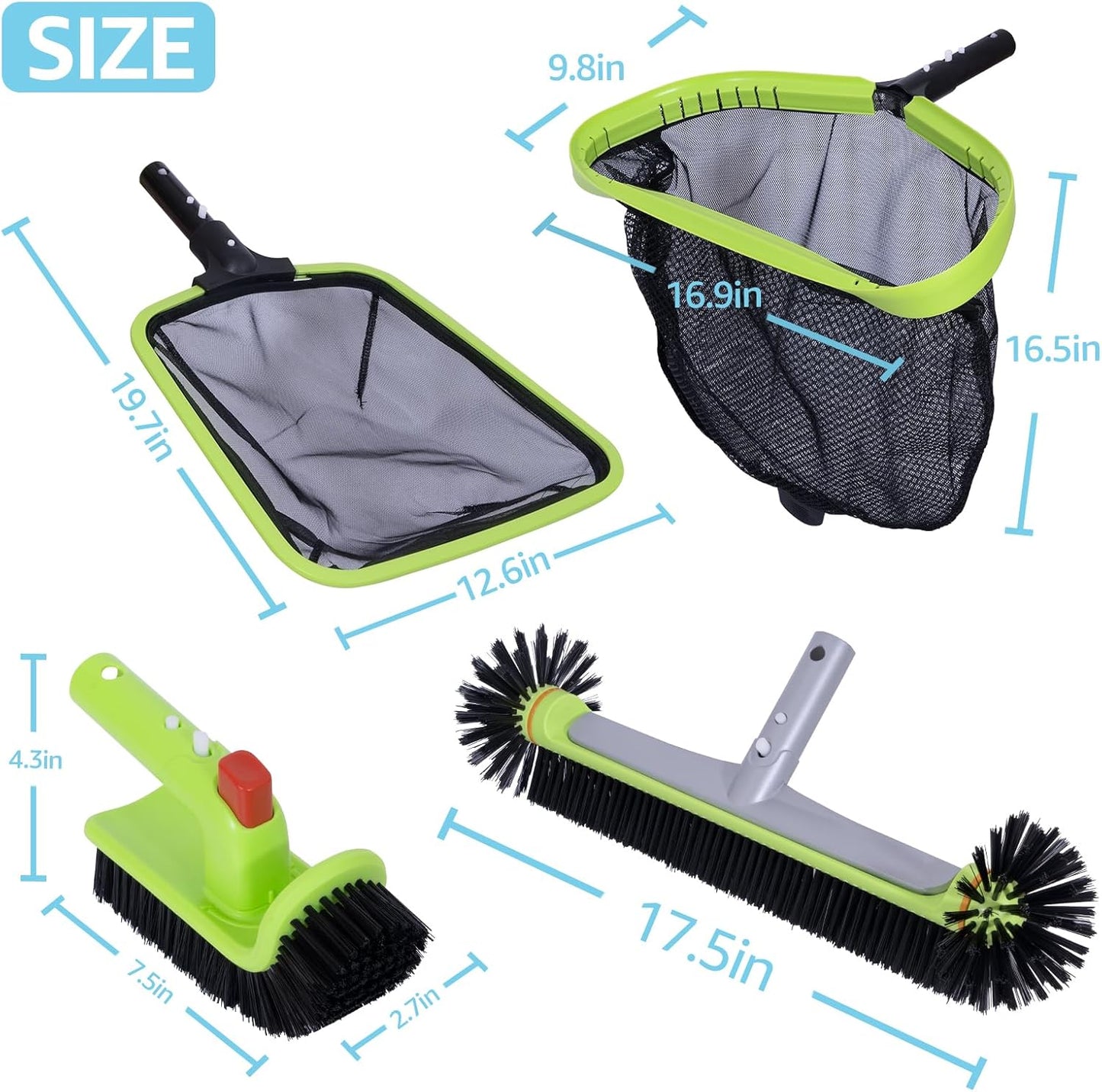 Sepetrel Deluxe Swimming Pool Cleaning Kit Including Professional Leaf Skimmer Net,Half-Depth Fine Mesh Net,17.5" Pool Brush Head & Hand Scrub Brush(NO Pole)