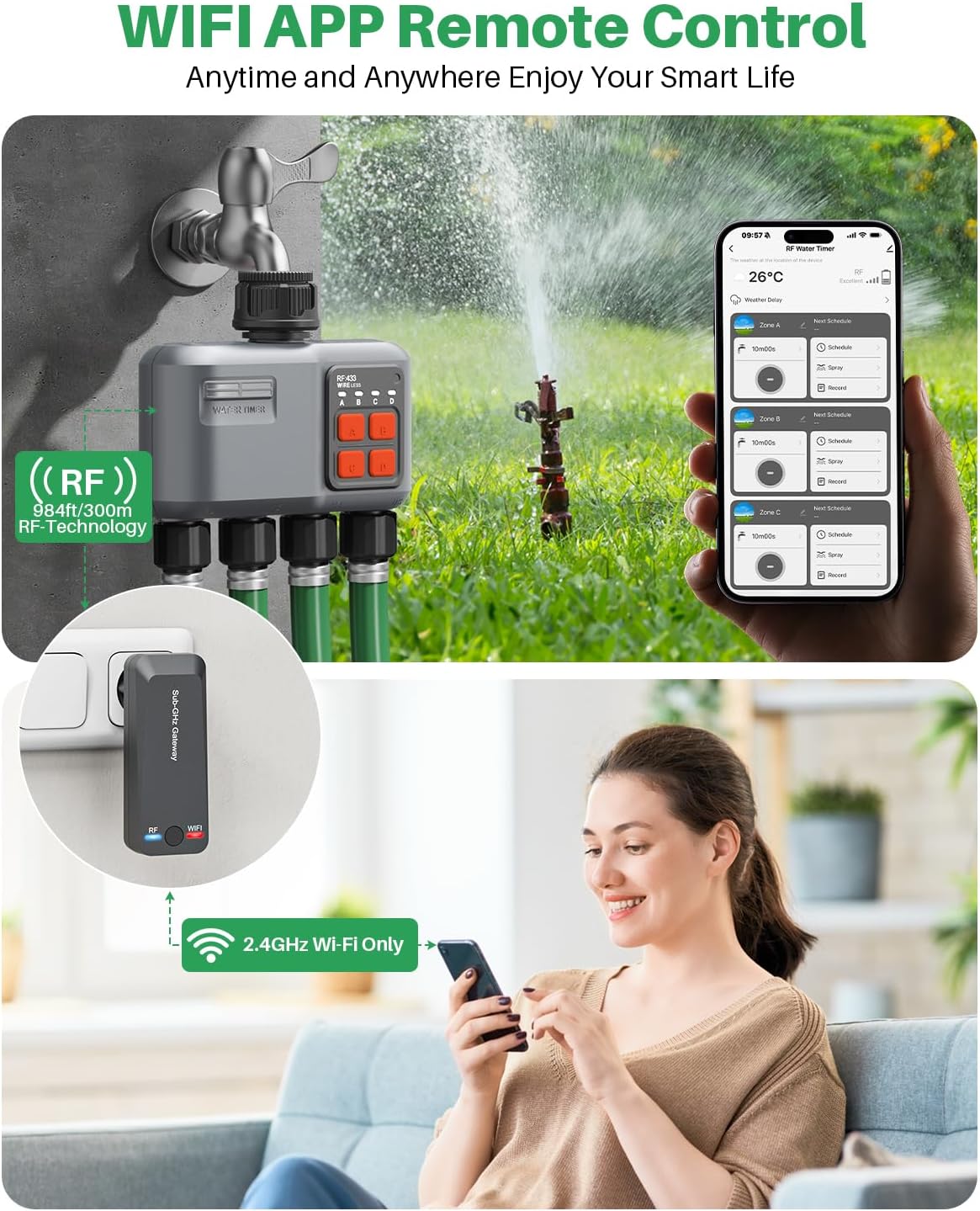WiFi Sprinkler Timer 4 Zone with 984 Feet RF Gateway, 4 Outlet Smart Water Timer for Garden Hose with Rain Delay/Manual/Automatic,WiFi Water Hose Timers for Garden & Lawns