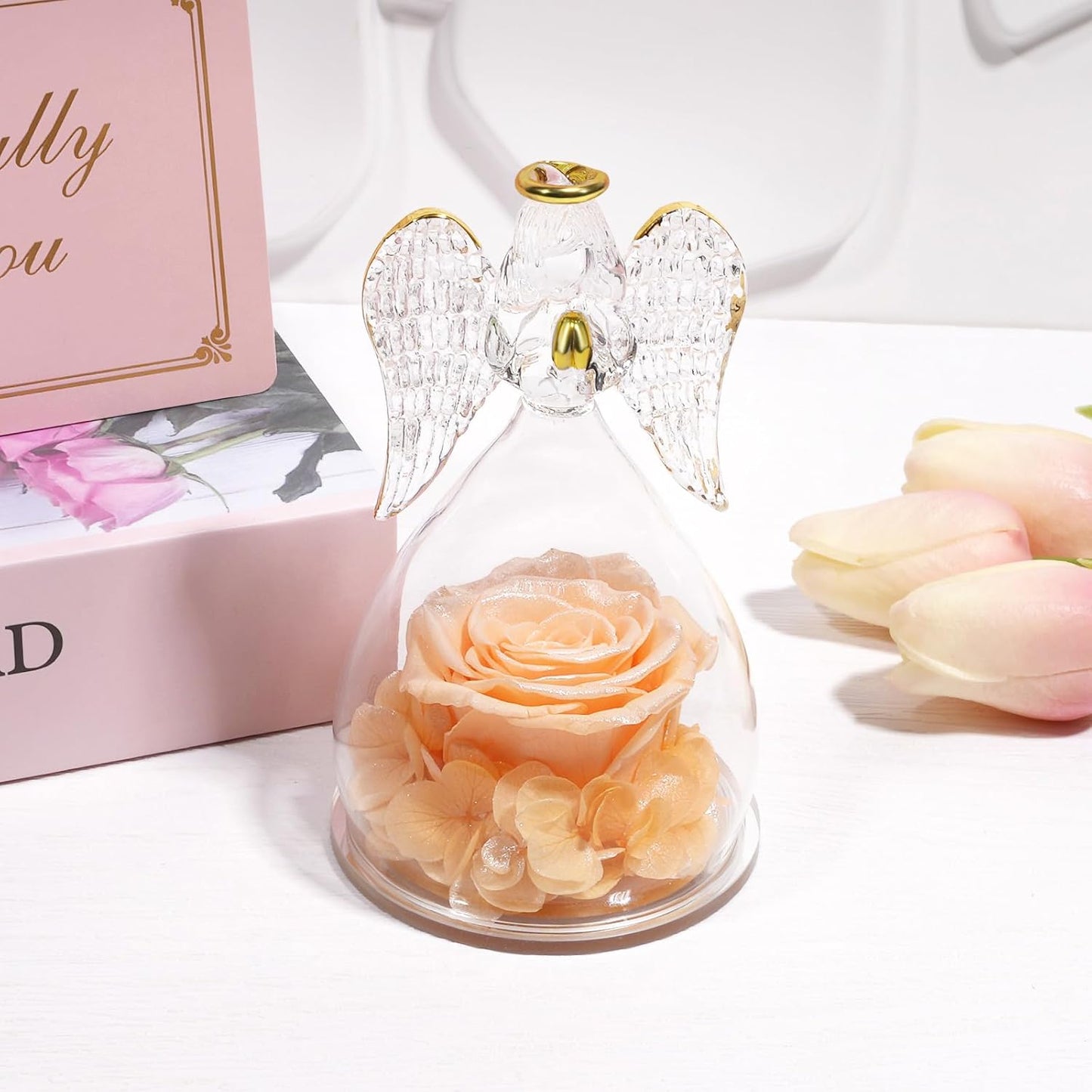 Yamonic Mom Birthday Gifts for Mom,Angel Figurines with Real Rose Gifts for Her Women Grandma, Preserved Flowers Rose Angel Figurines for Mothers Day Christmas Anniversary Wife Gifts(Pearl Champagne)
