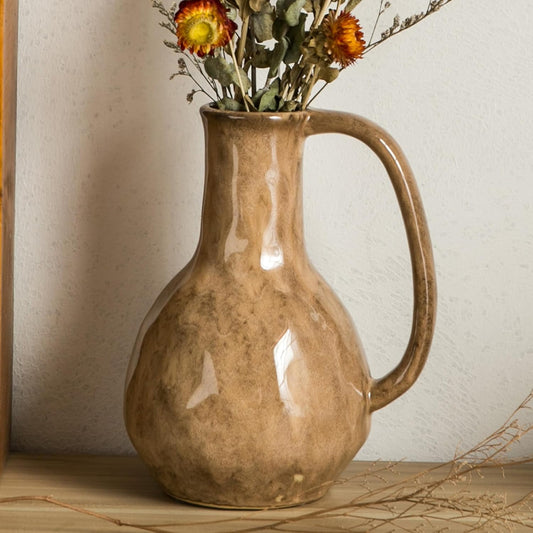 Brown Ceramic Vase with Big Handles, Modern Farmhouse Decor, Rustic Pottery for Flowers, Decorative Terracotta Centerpiece for Dining Table