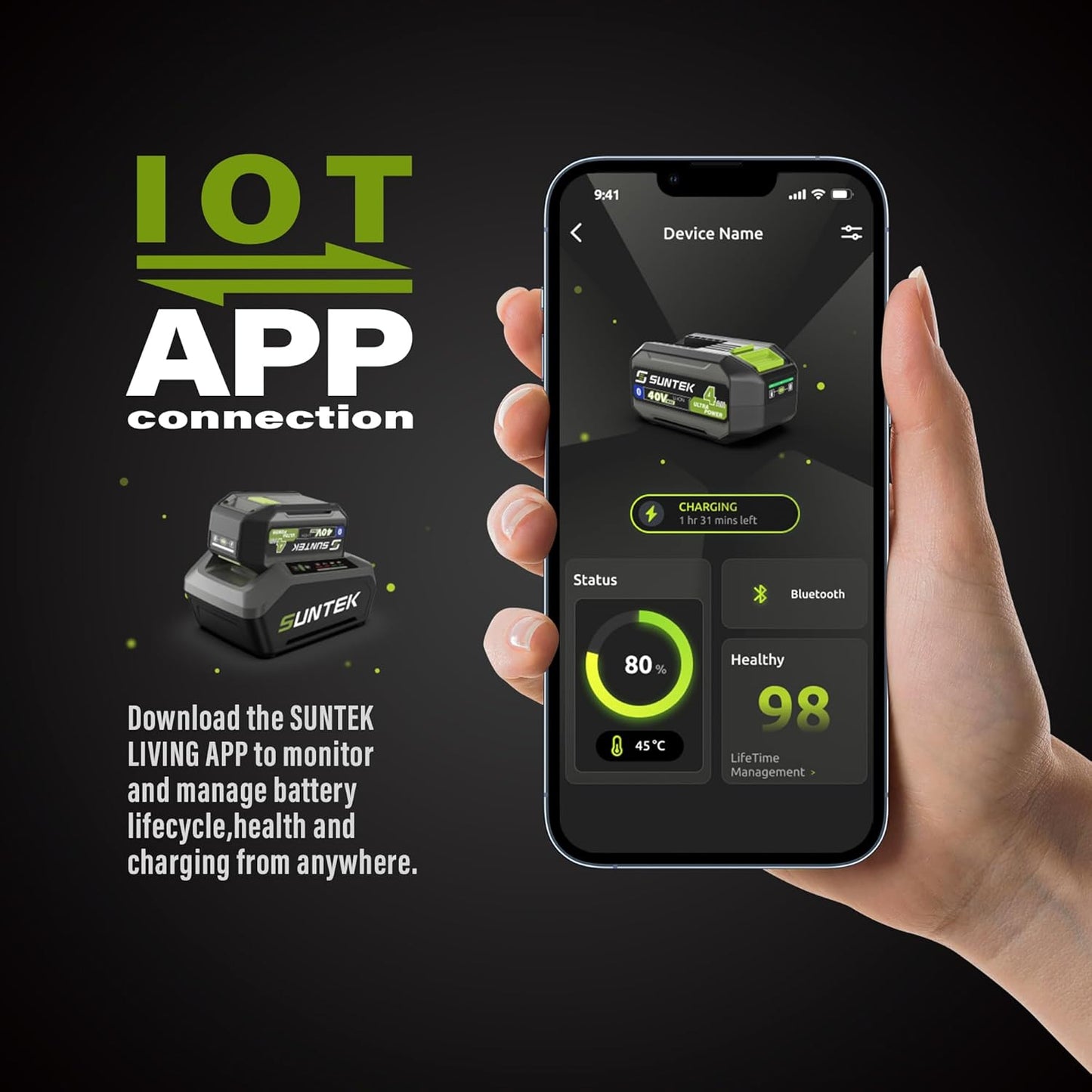 SUNTEK Electric String Trimmer Edger, 40V 15-Inch Brushless String Trimmer Cordless with 4.0Ah Battery and Fast Charger Included, 2-Speed Levels, Integrated Screen and APP Connection, Aluminum, Black