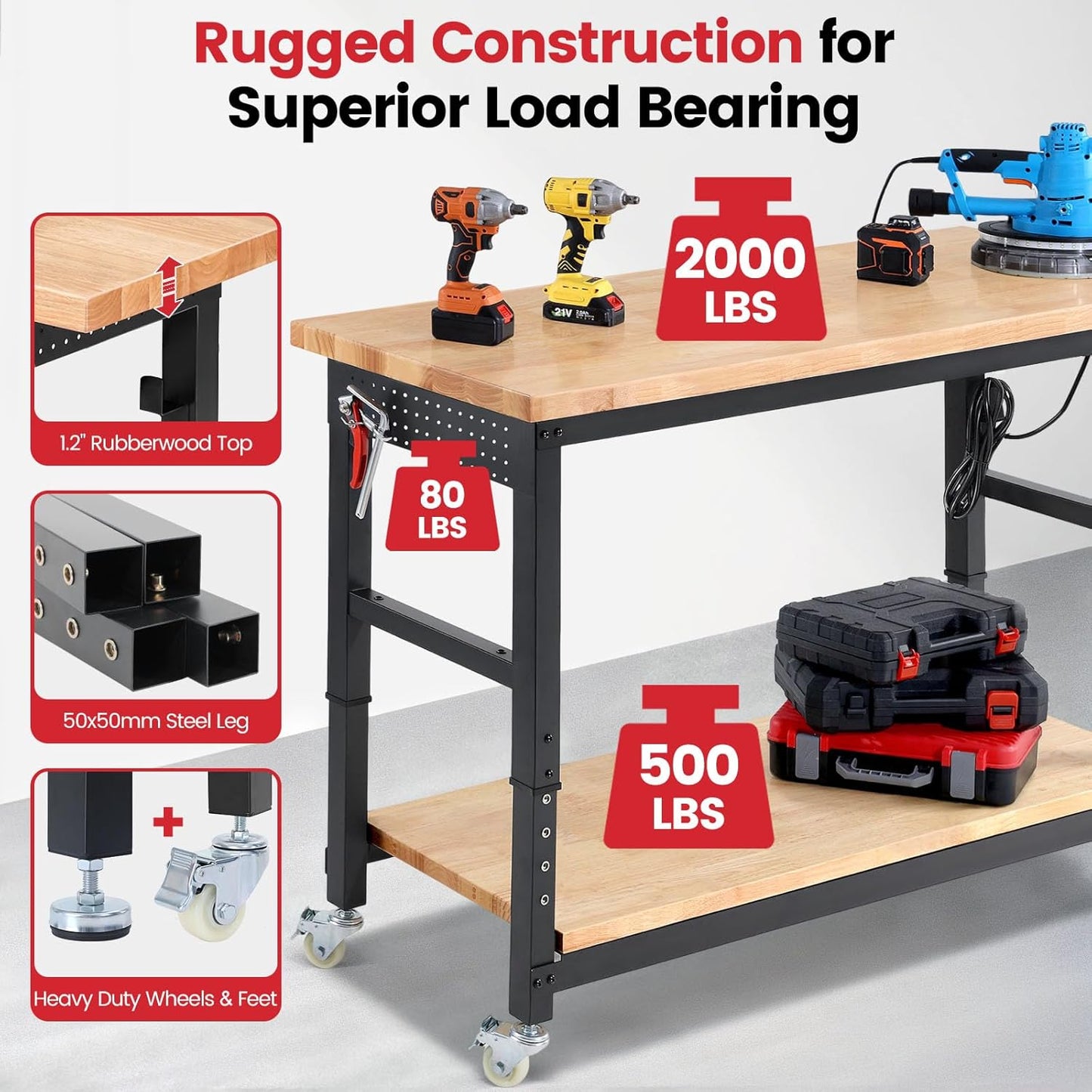 Work Bench for Garage Adjustable Workbenches with Storage 60 Inch Garage Workbench with Under Table Shelf, Pegboard, Power Outlets for Woodworking, Home, Office, Workshop
