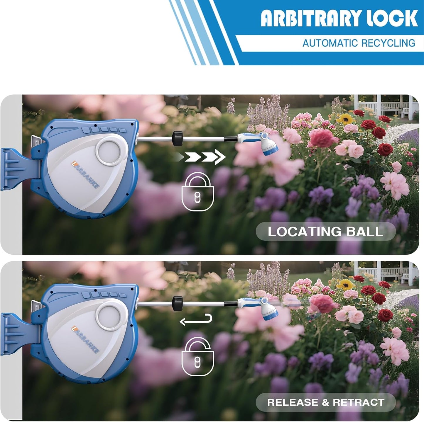 1/2 in × 100 ft Garden Hose Reel,Wall-Mounted Hose Reel with Bottom Drain,180° Rotating Bracket,with 10-Function Sprayer Nozzle,Lockable at Any Length,Equipped with Waterproof Bag(Blue)