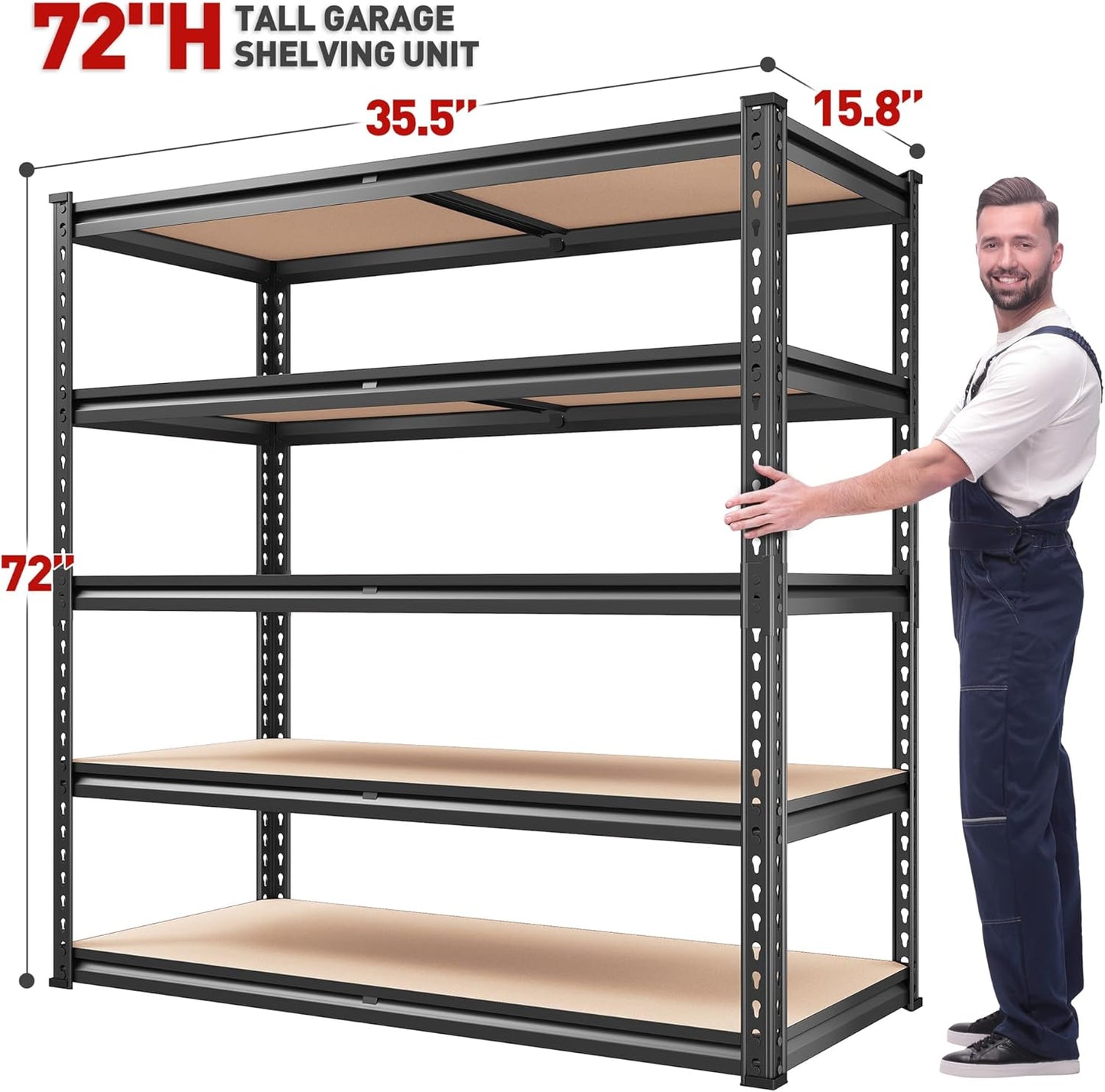 REIBII 2000LBS Garage Shelving Heavy Duty 72''H Storage Shelves 5 Tier Heavy Duty Shelving, Adjustable Metal Shelves for Garage Pantry Closet Kitchen Basement 35.5" W x72 H x 15.8" D, 4 Pack